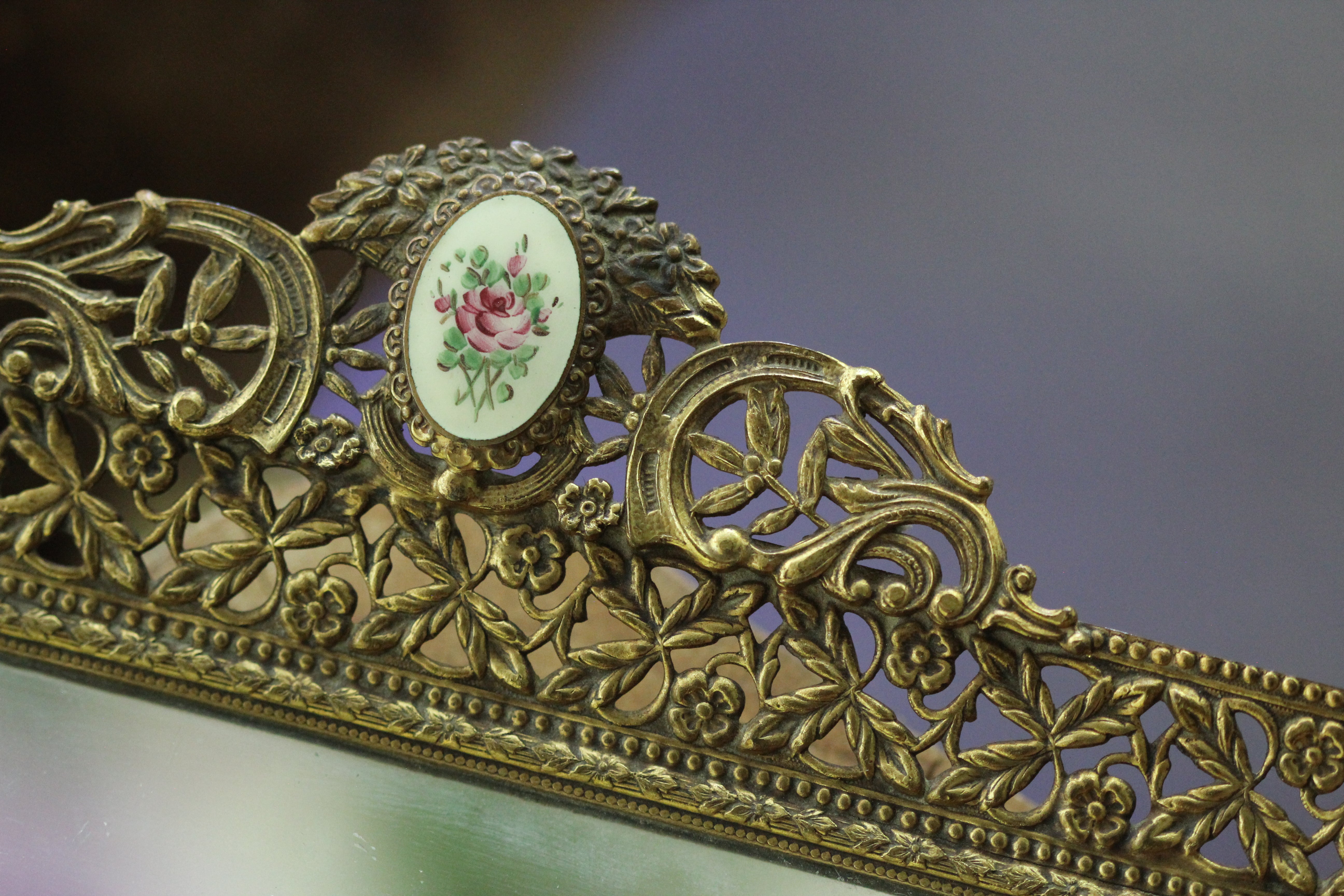 Antique Floral Roses Guiloche Mirror Tray