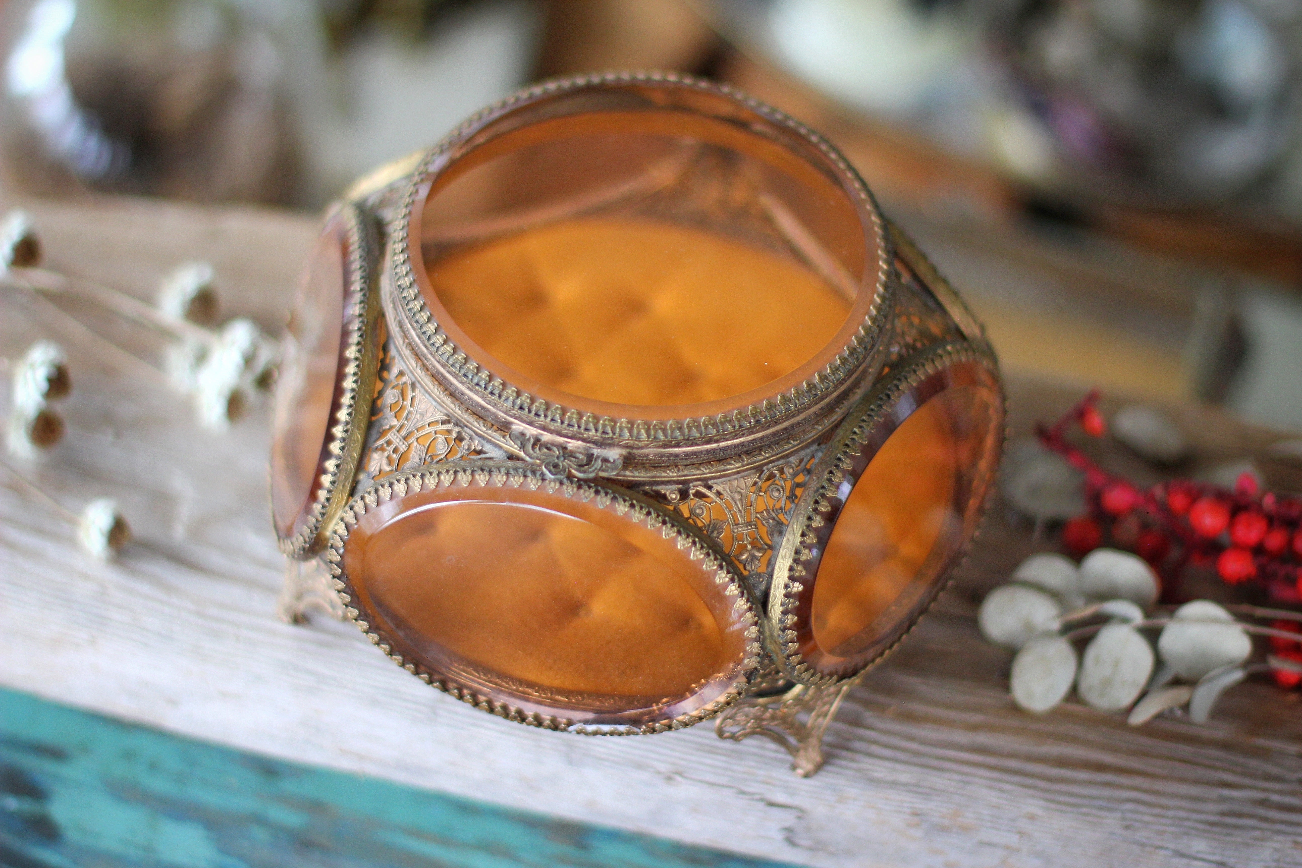 Vintage Amber Tinted Glass Tufted Jewelry Box