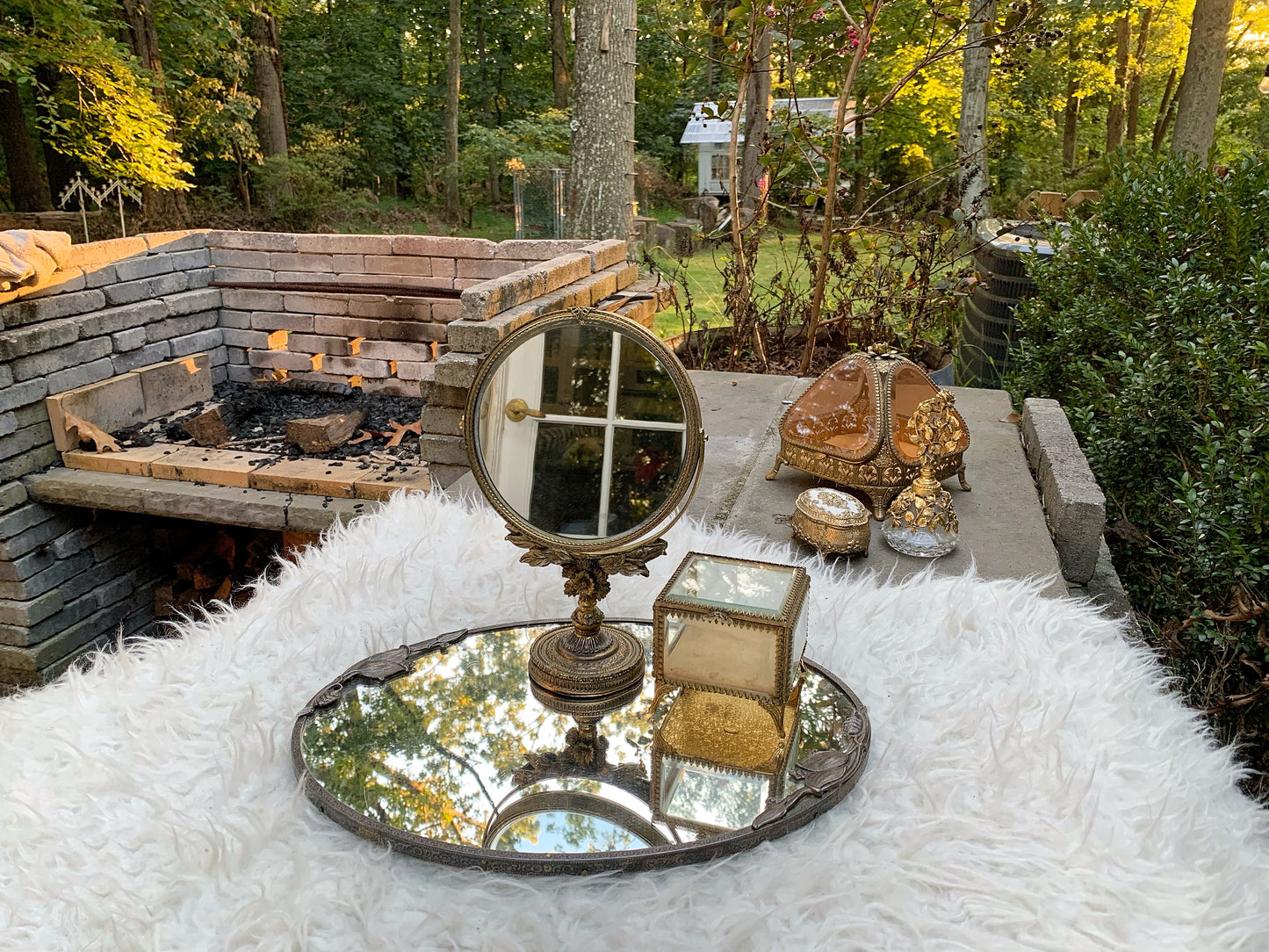 Antique Floral Silver Mirror Tray