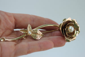 Large Rose with Stems and Pearl Brooch