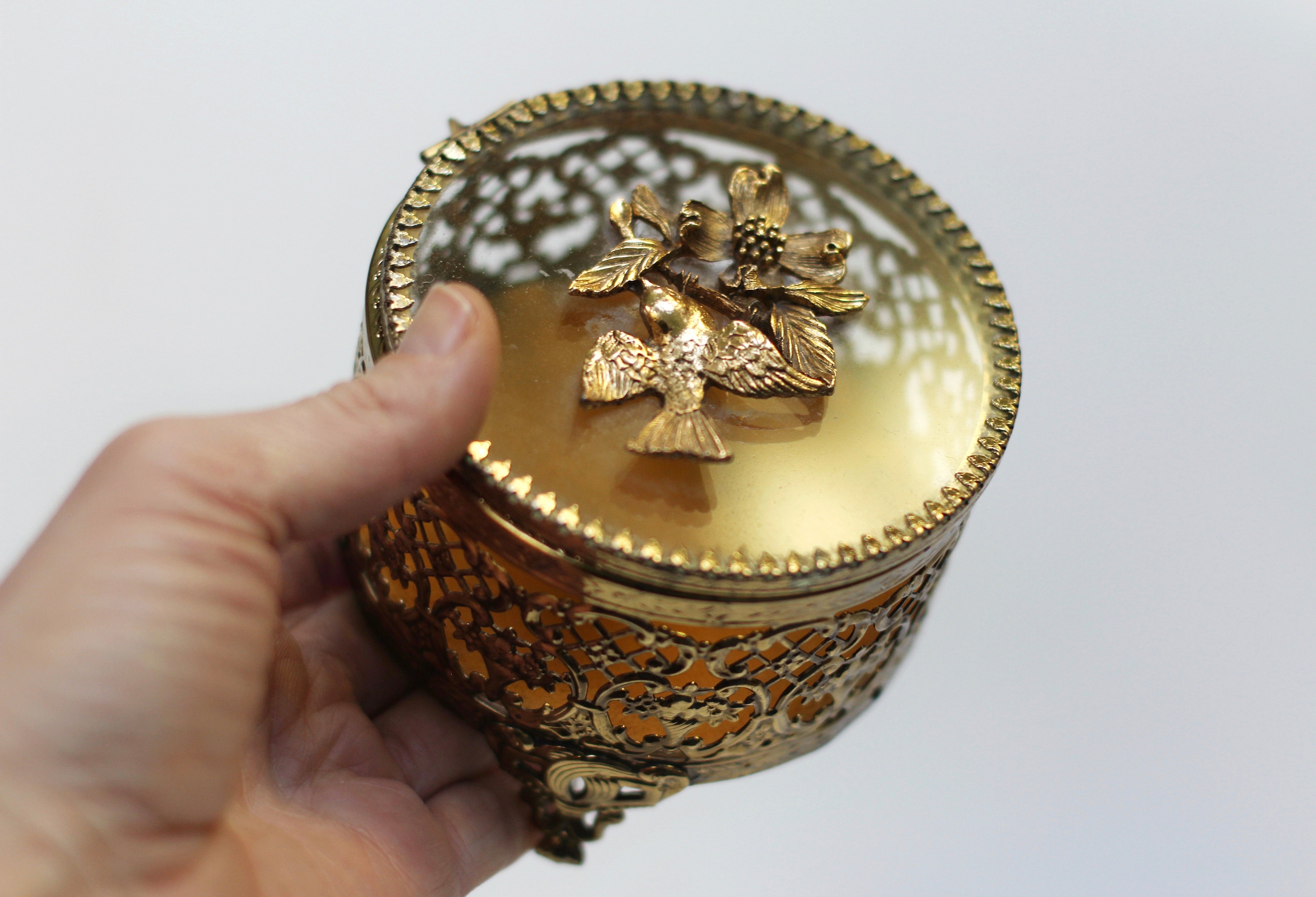 Antique Floral Dogwood Bird Jewelry Box