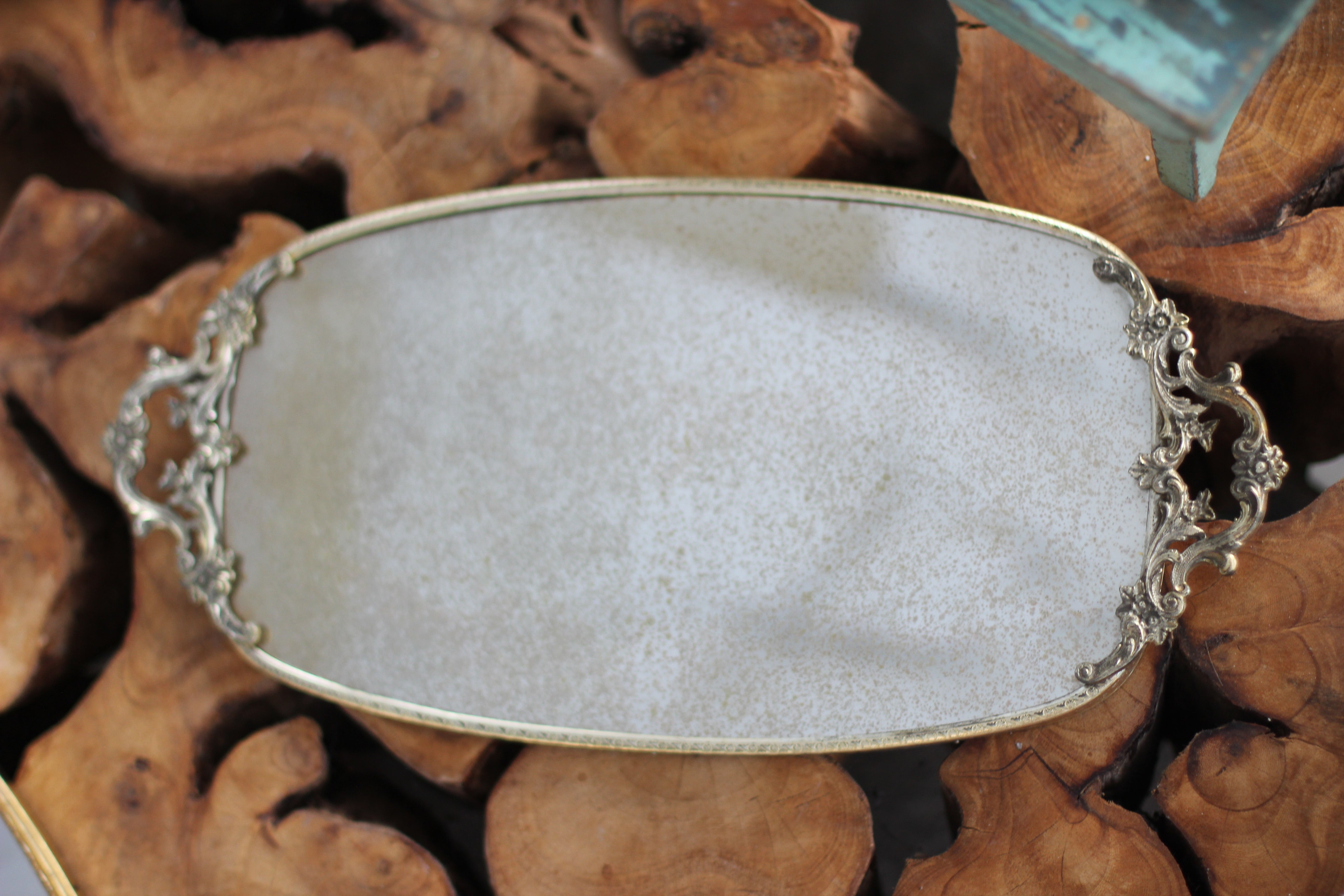 Antique Floral Silver Bronze Filigree Mirror Tray