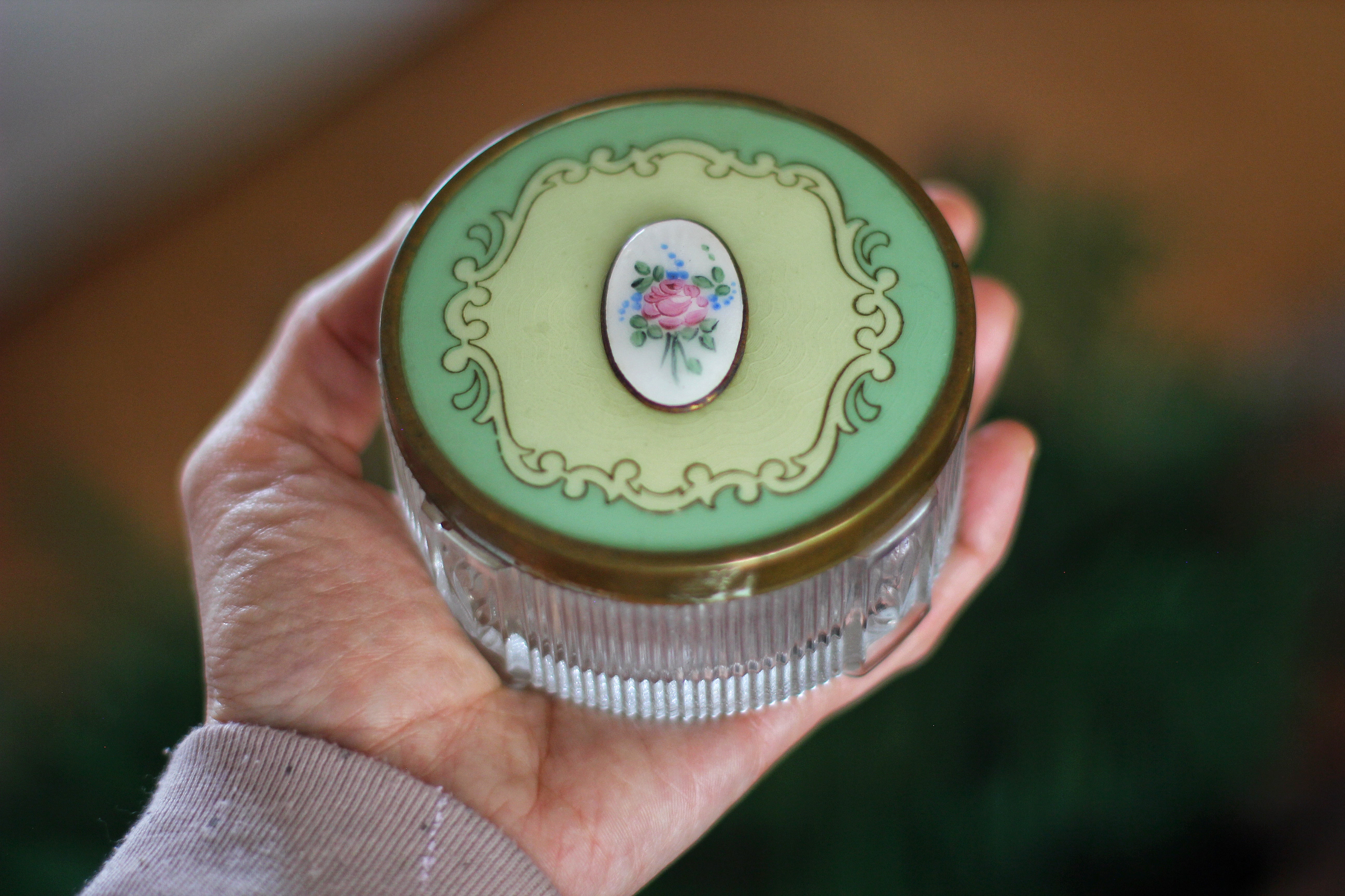 Antique Floral Mint Green Glass Jar