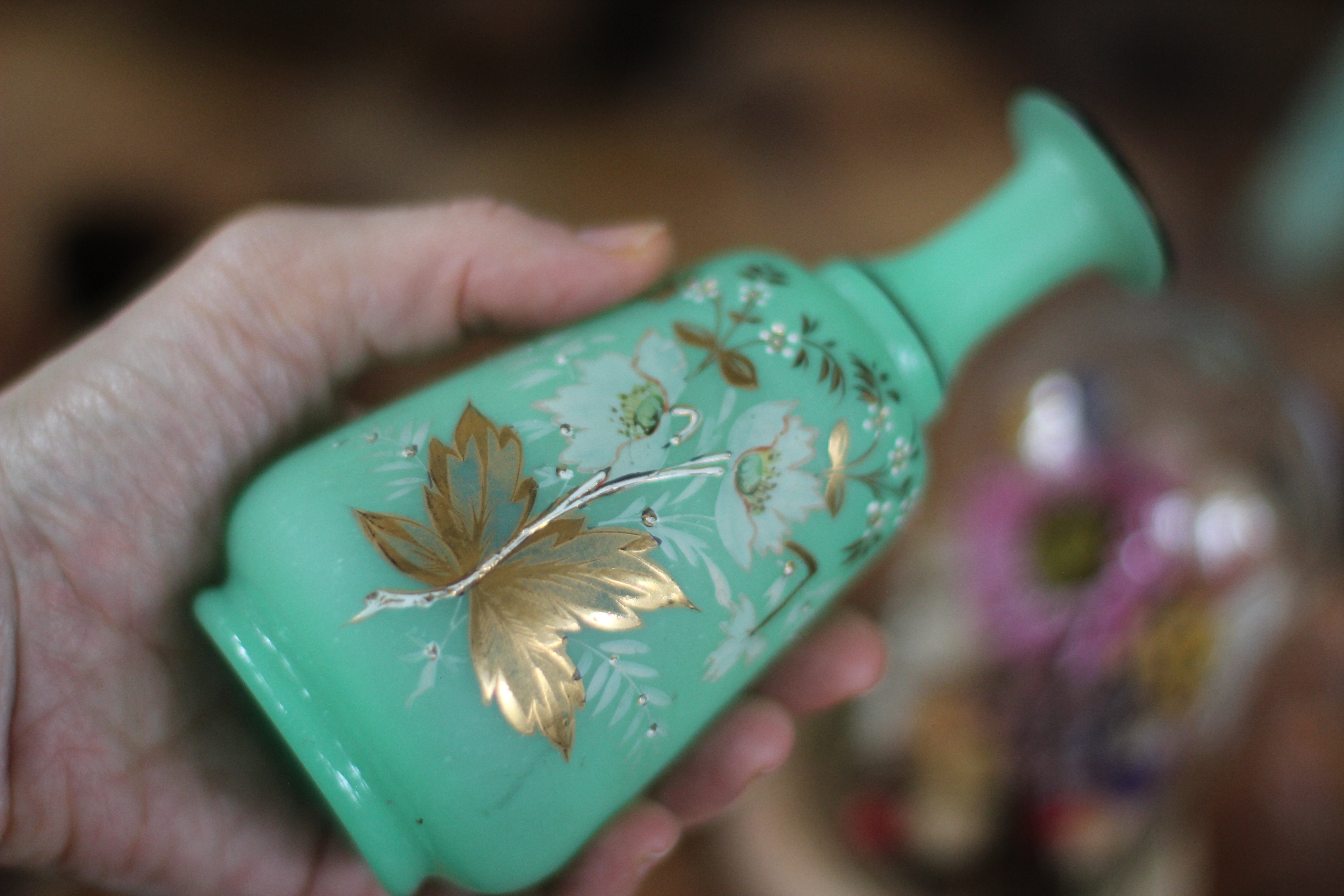 Vintage Mint Green Hand Painted Floral Vase