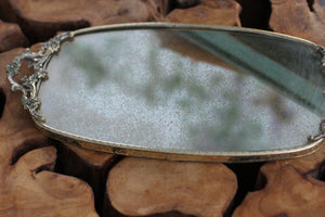 Antique Floral Silver Bronze Filigree Mirror Tray