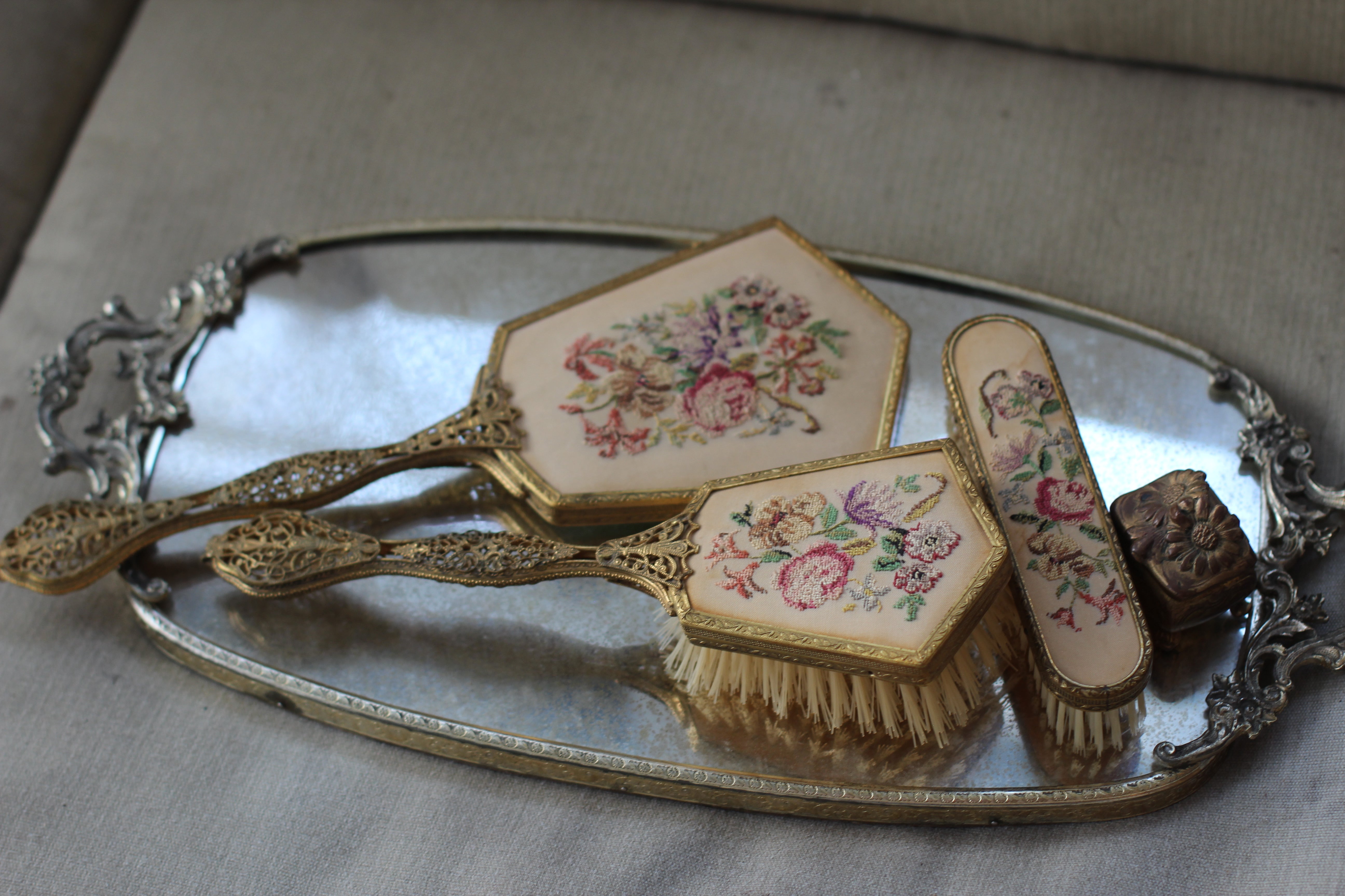 Antique Floral Silver Bronze Filigree Mirror Tray