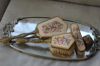 Antique Floral Silver Bronze Filigree Mirror Tray