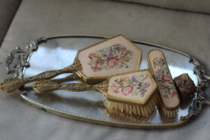 Antique Floral Silver Bronze Filigree Mirror Tray