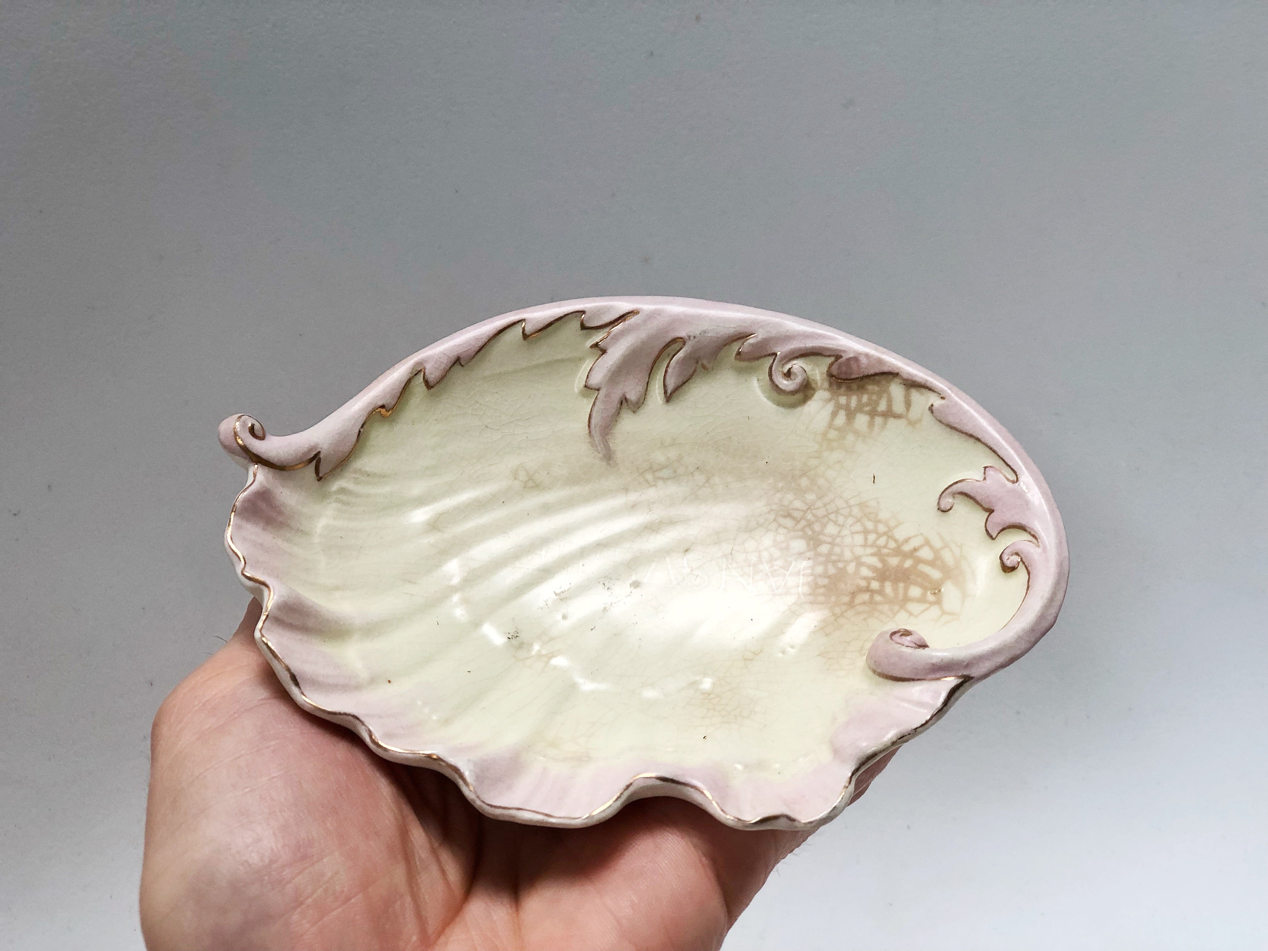 Antique Hampshire Pottery Seashell Porcelain Dish / Tiny Tray