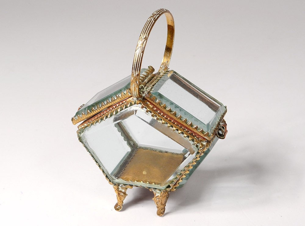 Antique Basket Beveled Glass Rare Jewelry Box