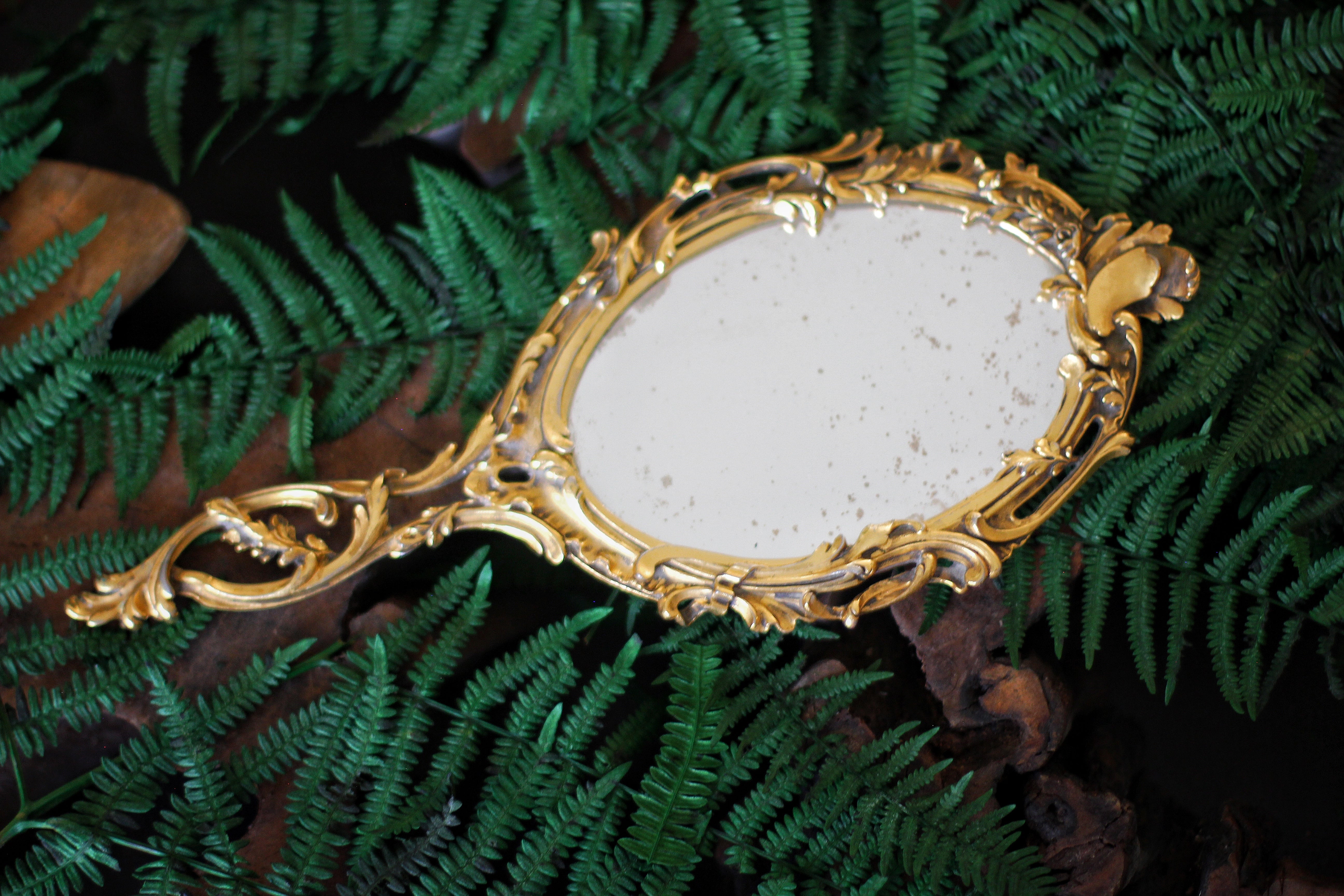 Antique Beauty and the Beast Gold Gilt Hand Mirror