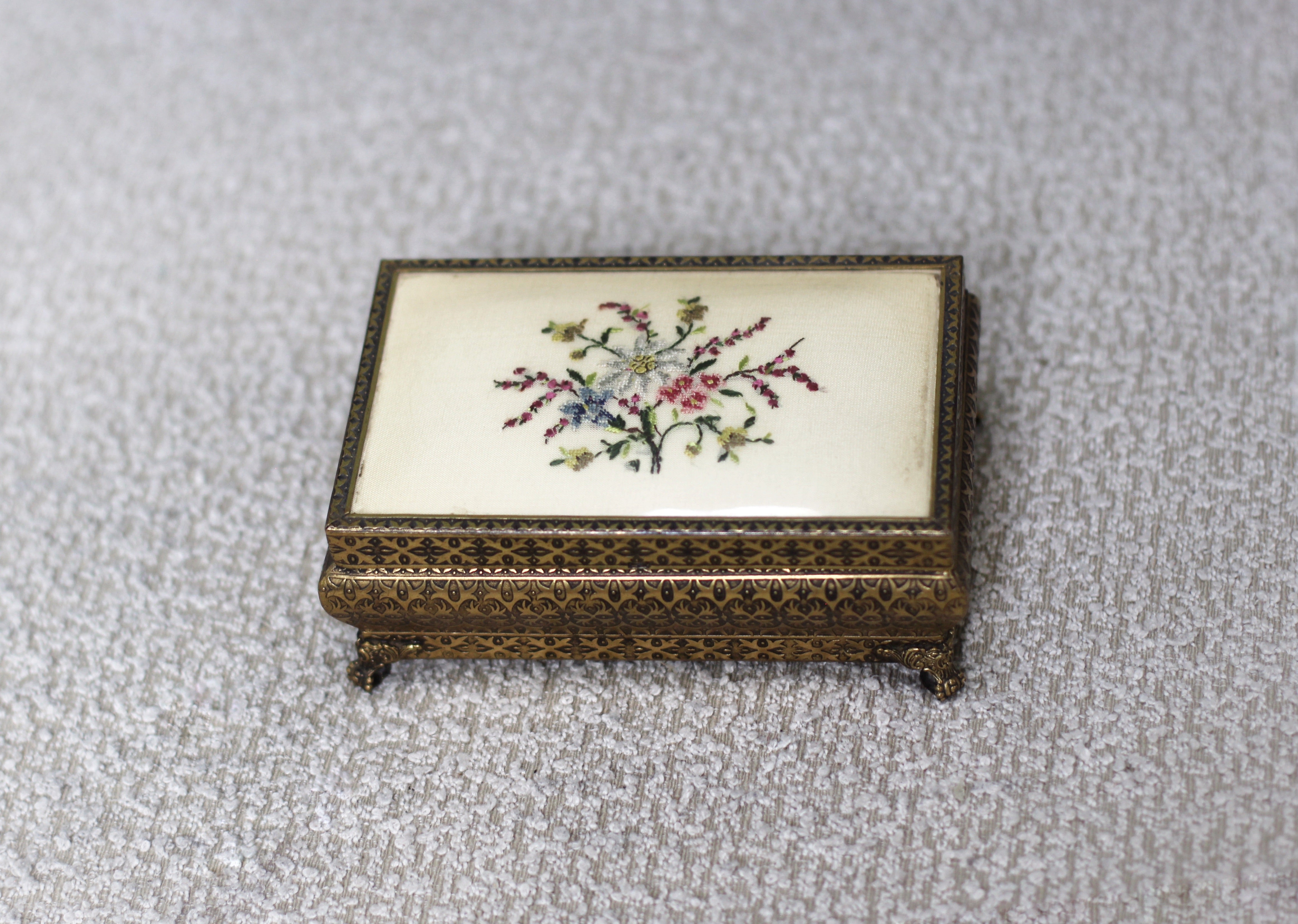Antique Petite Point Floral Embroidered Trinket