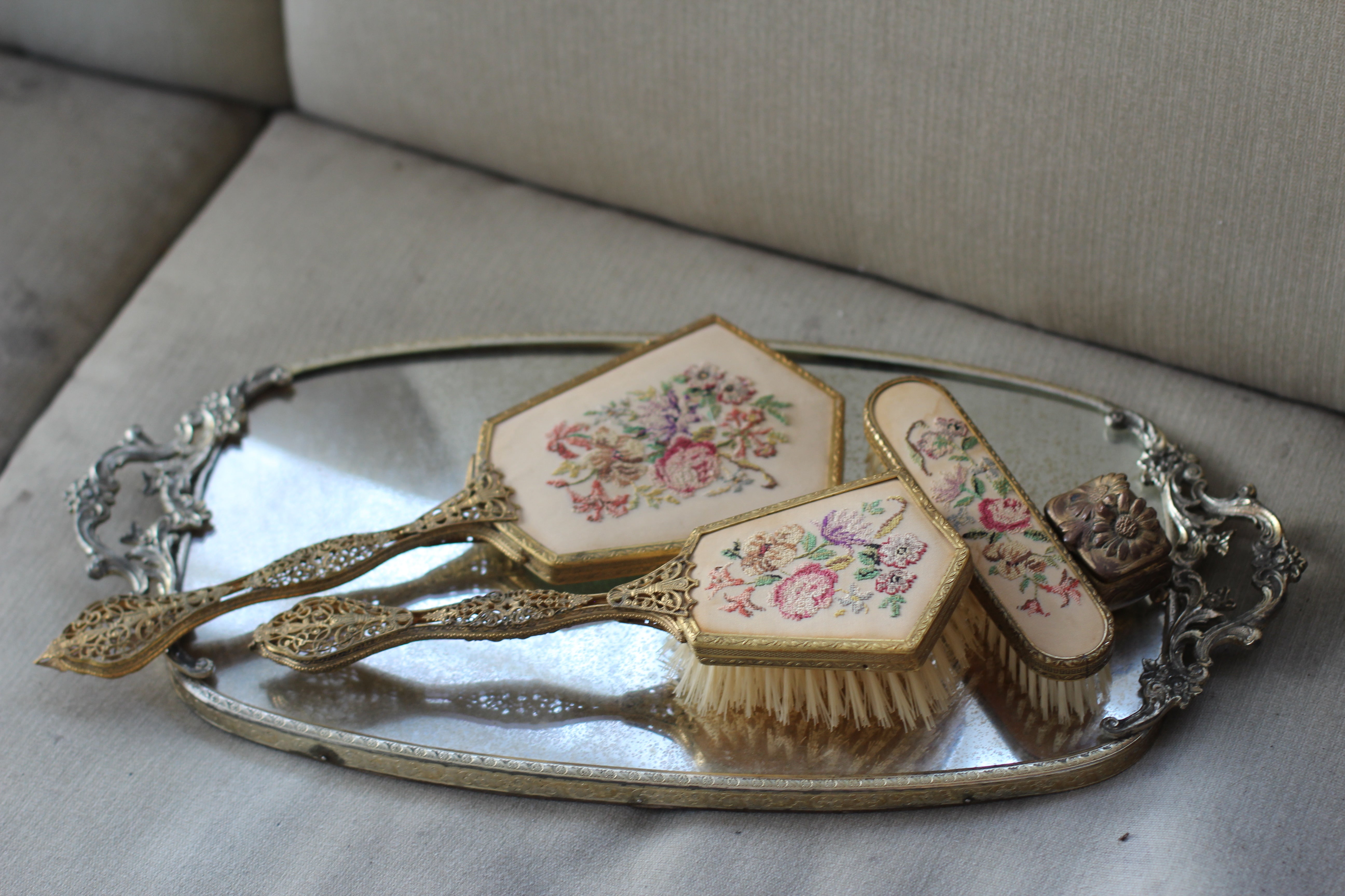 Antique Floral Silver Bronze Filigree Mirror Tray