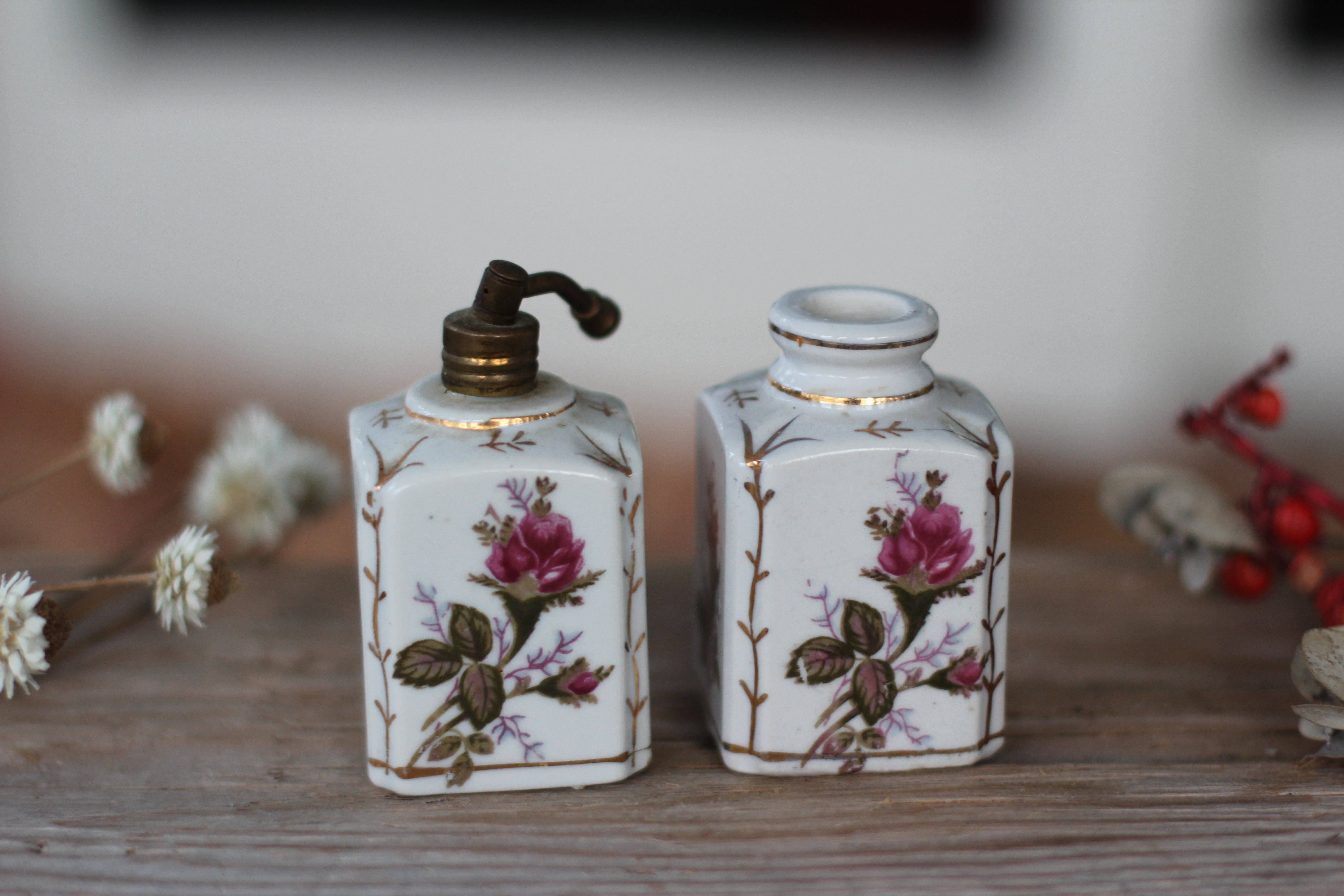 Antique Hand Painted Floral Roses Bottle Set