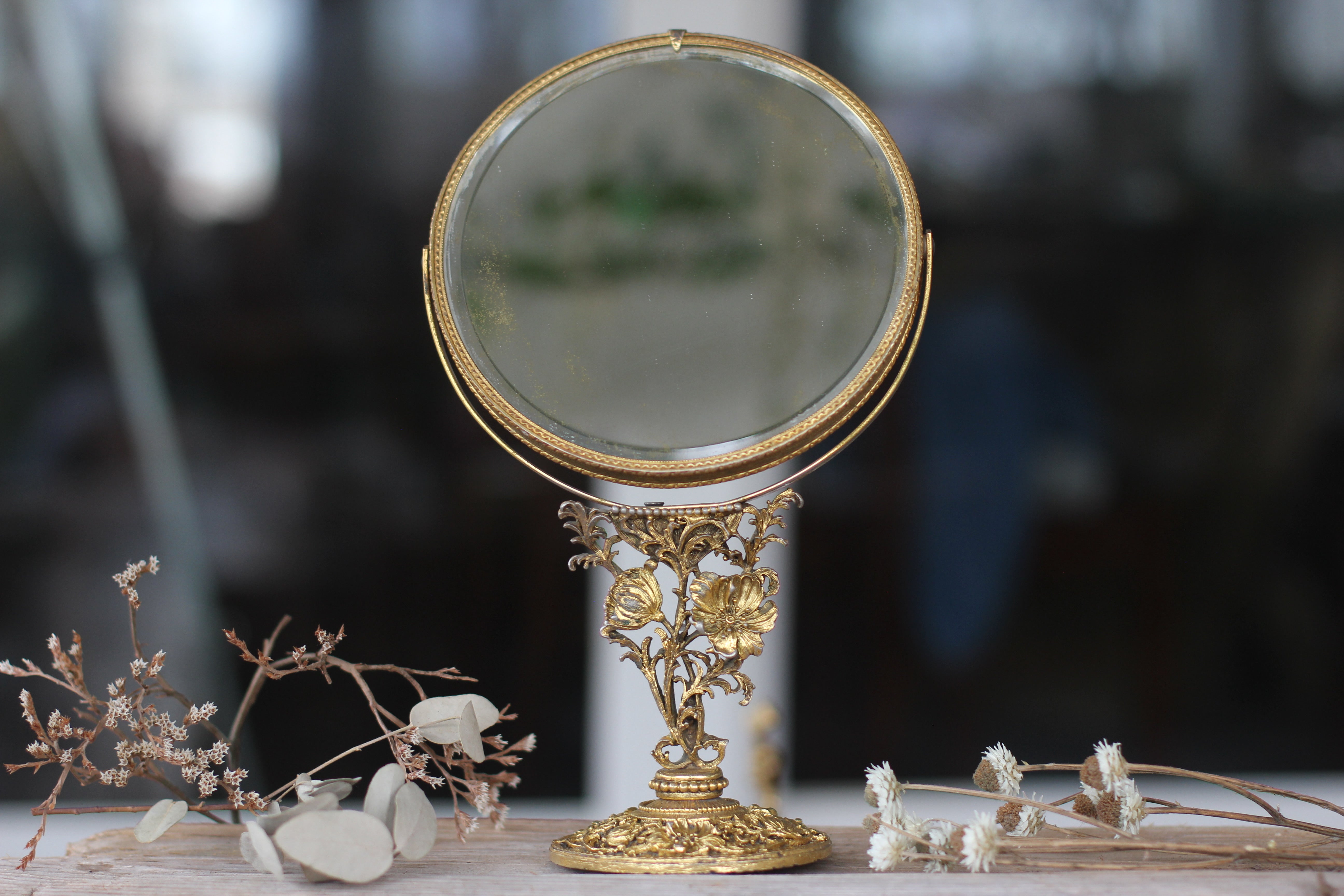 Vintage Matson Floral Vanity Pedestal Mirror Double Sided Magnifier