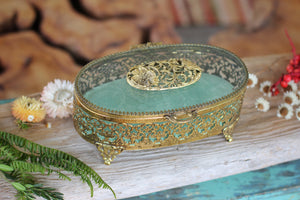 Antique Turquoise Oval Floral Dogwood Jewelry Box