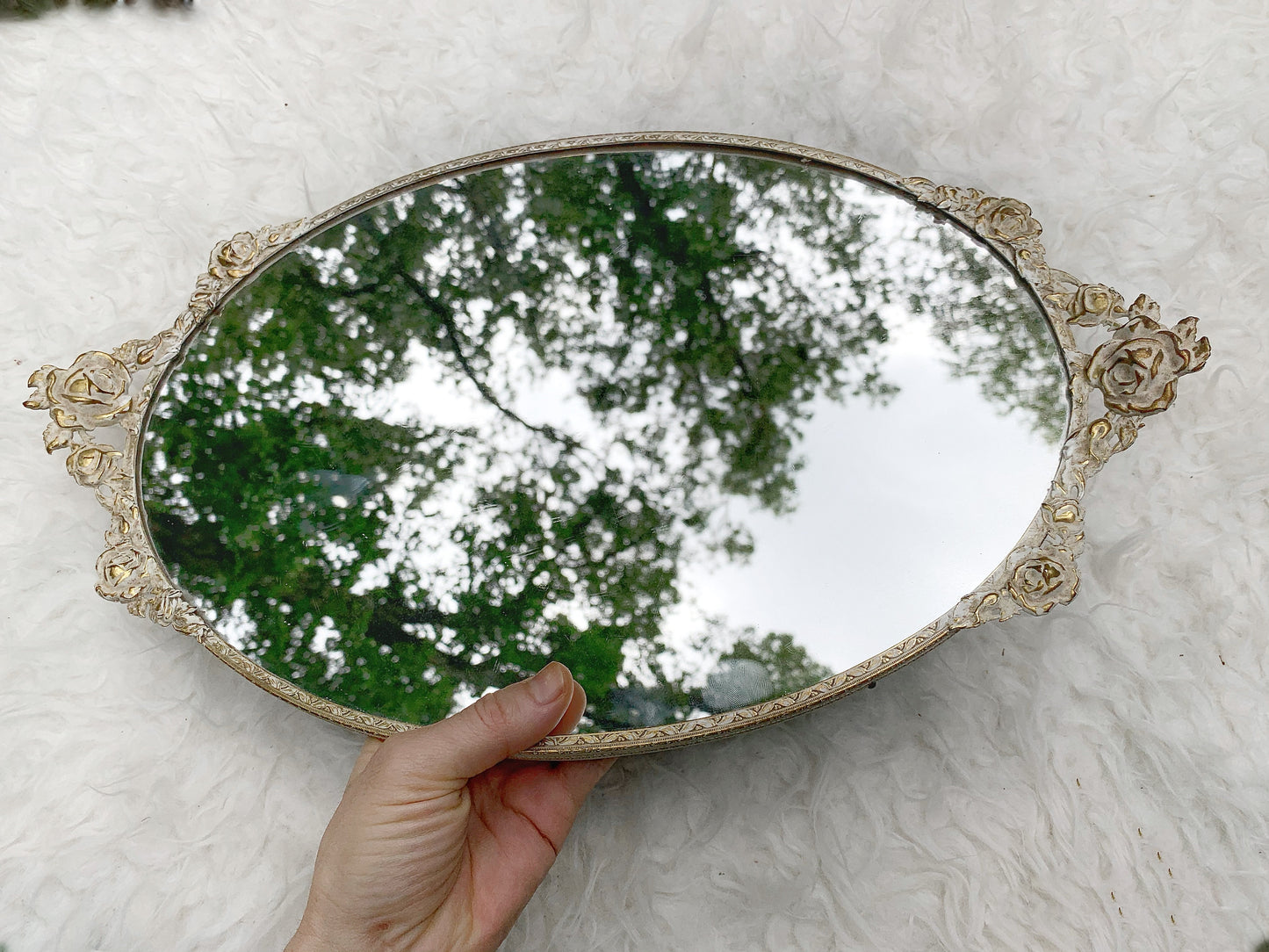 Antique White Gold Floral Rose Vanity Mirror