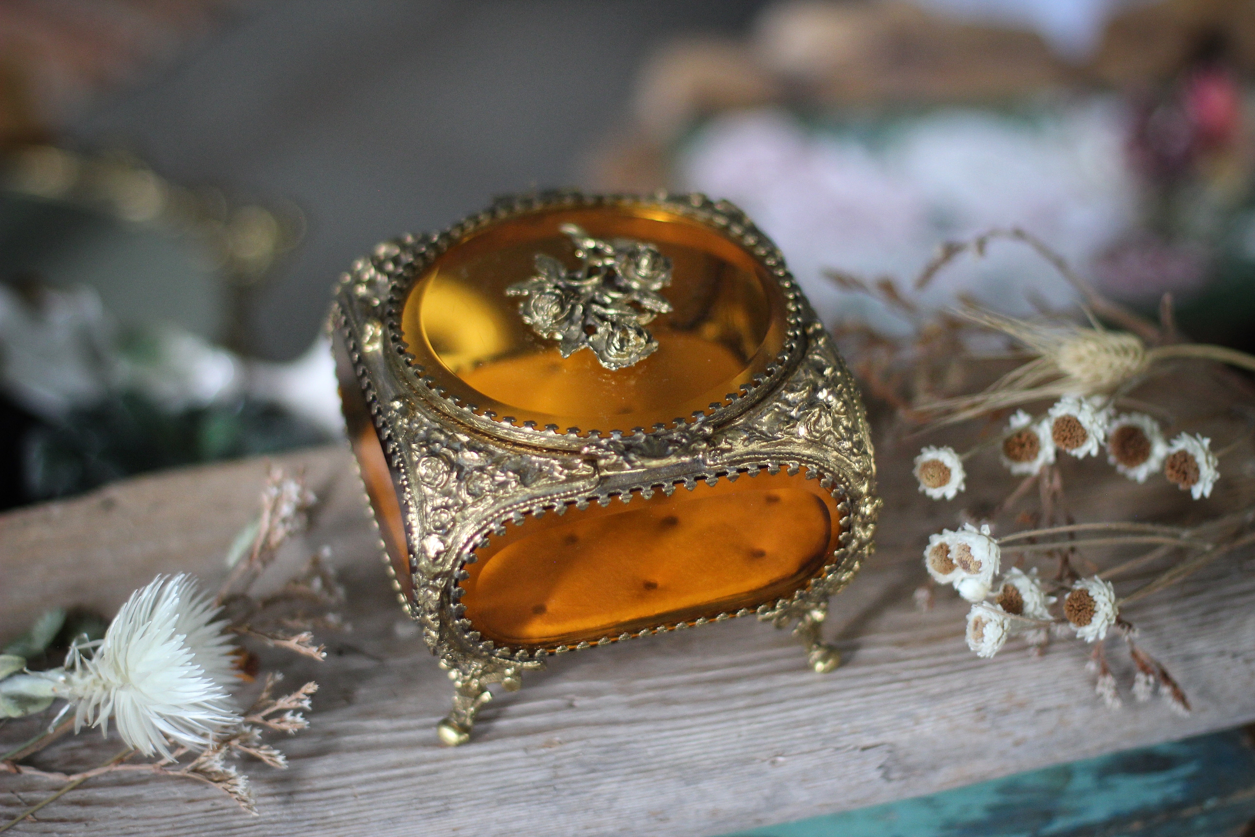 Antique French Victorian Amber Glass Jewelry Box