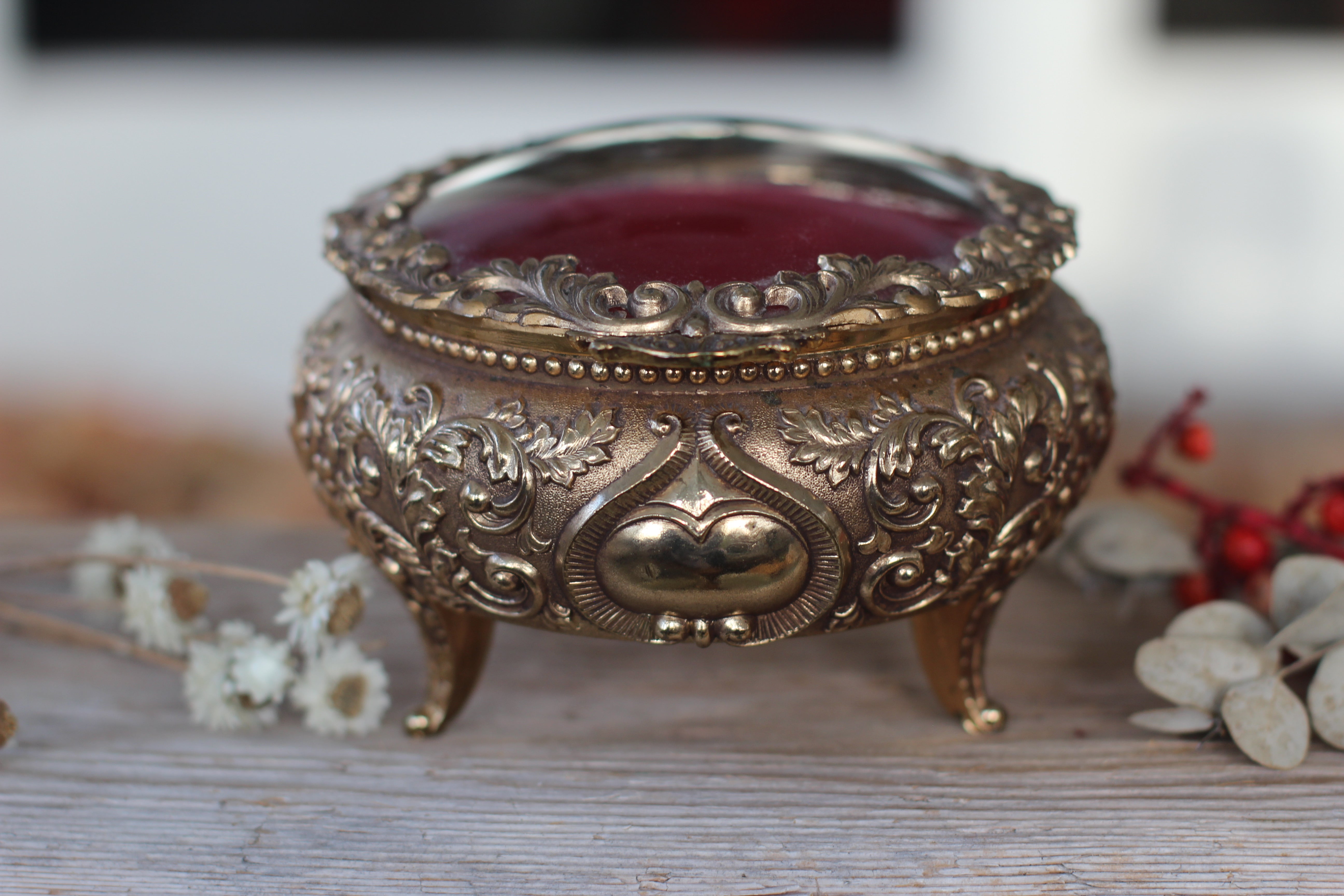 Antique Rounded Bronze Glass Jewelry Box
