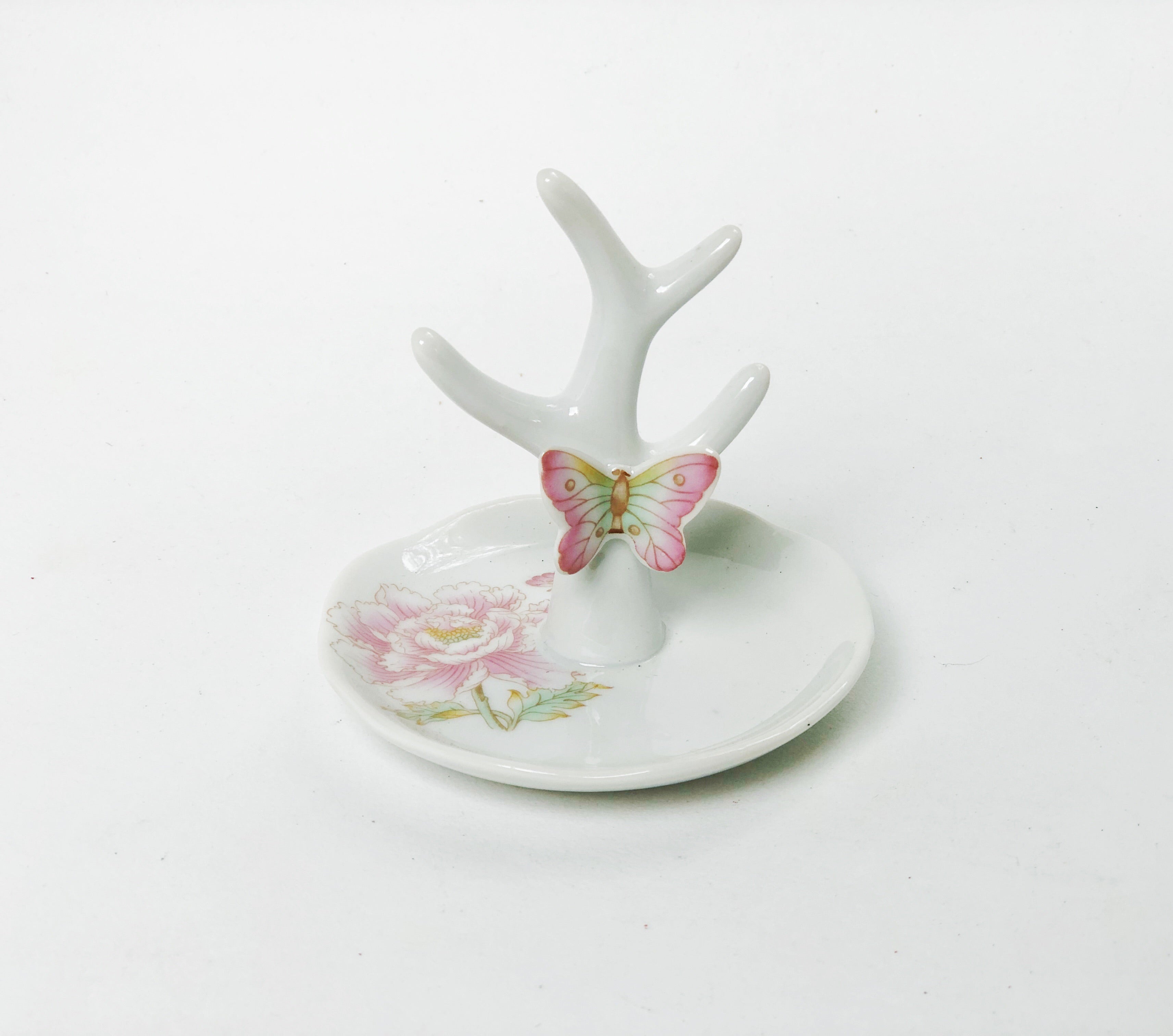 Antique Butterfly Flowers Porcelain Ring Holder