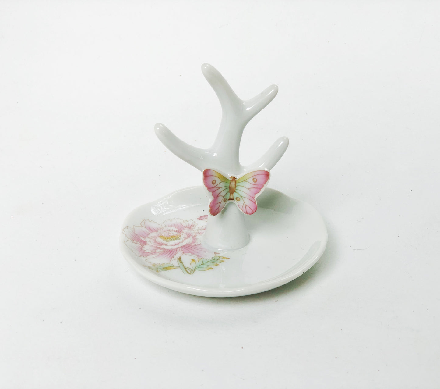 Antique Butterfly Flowers Porcelain Ring Holder