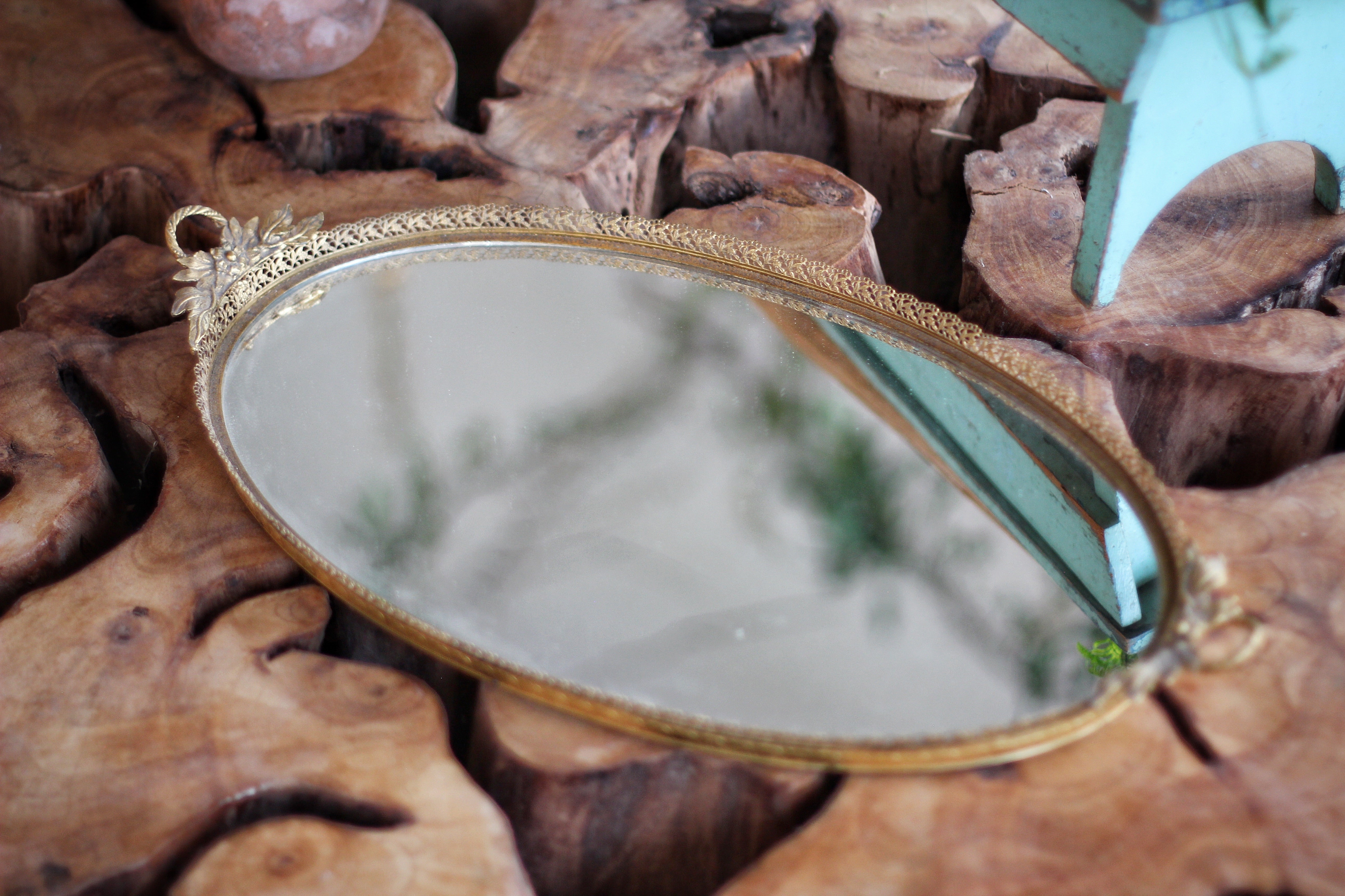 Antique Wreath Bronze Mirror Tray