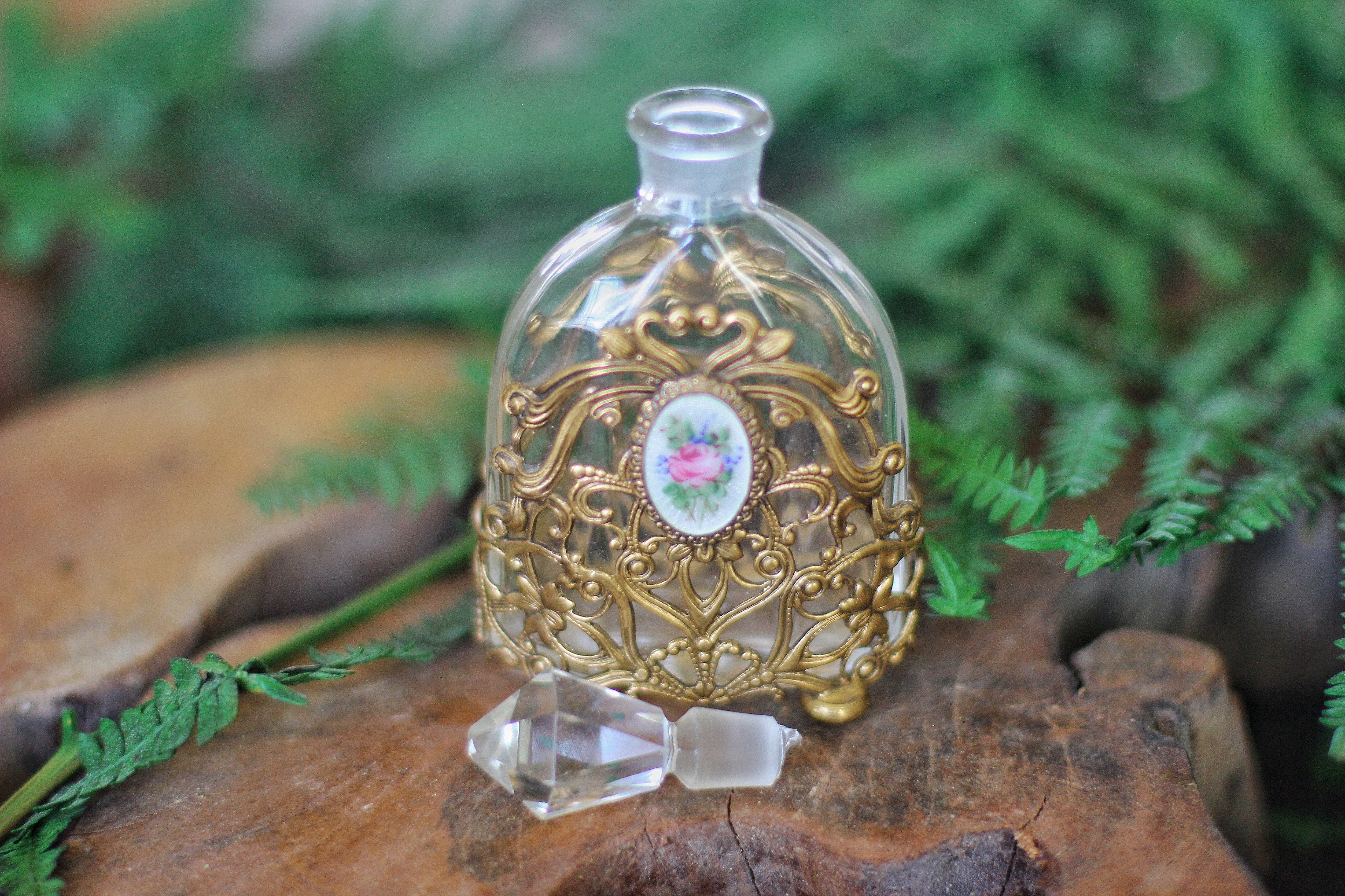 Antique Floral Bronze Filigree Rose Perfume Bottle