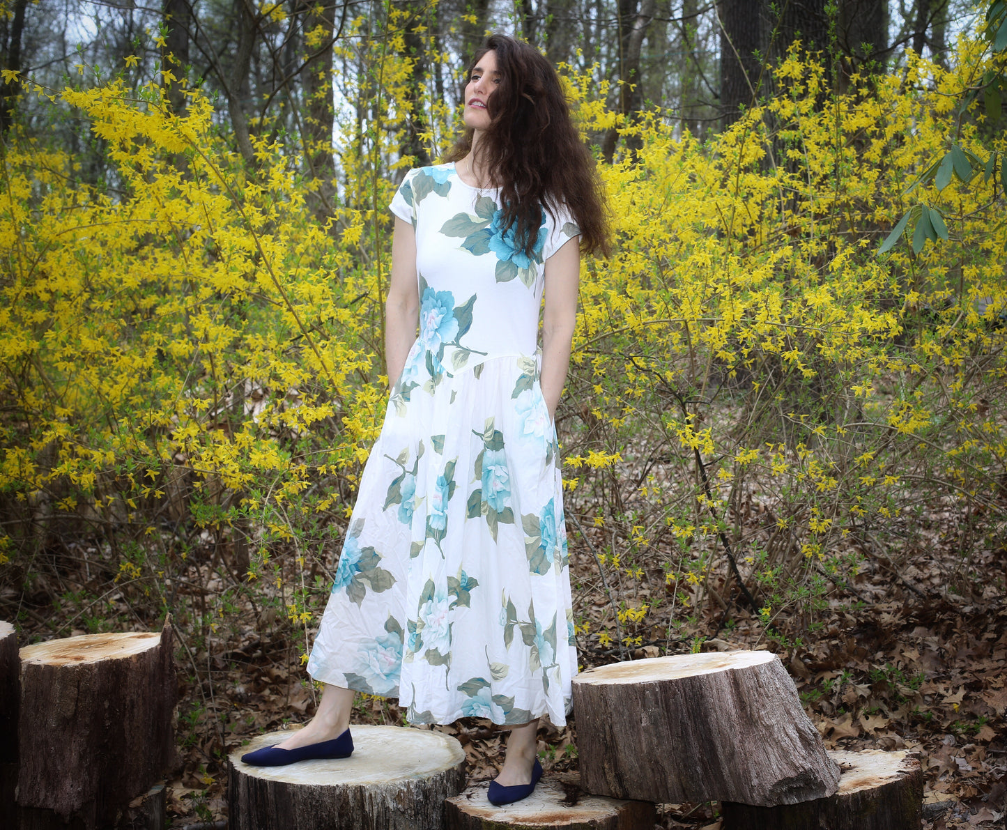 Vintage White Large Blue Flowers Carol Anderson Dress