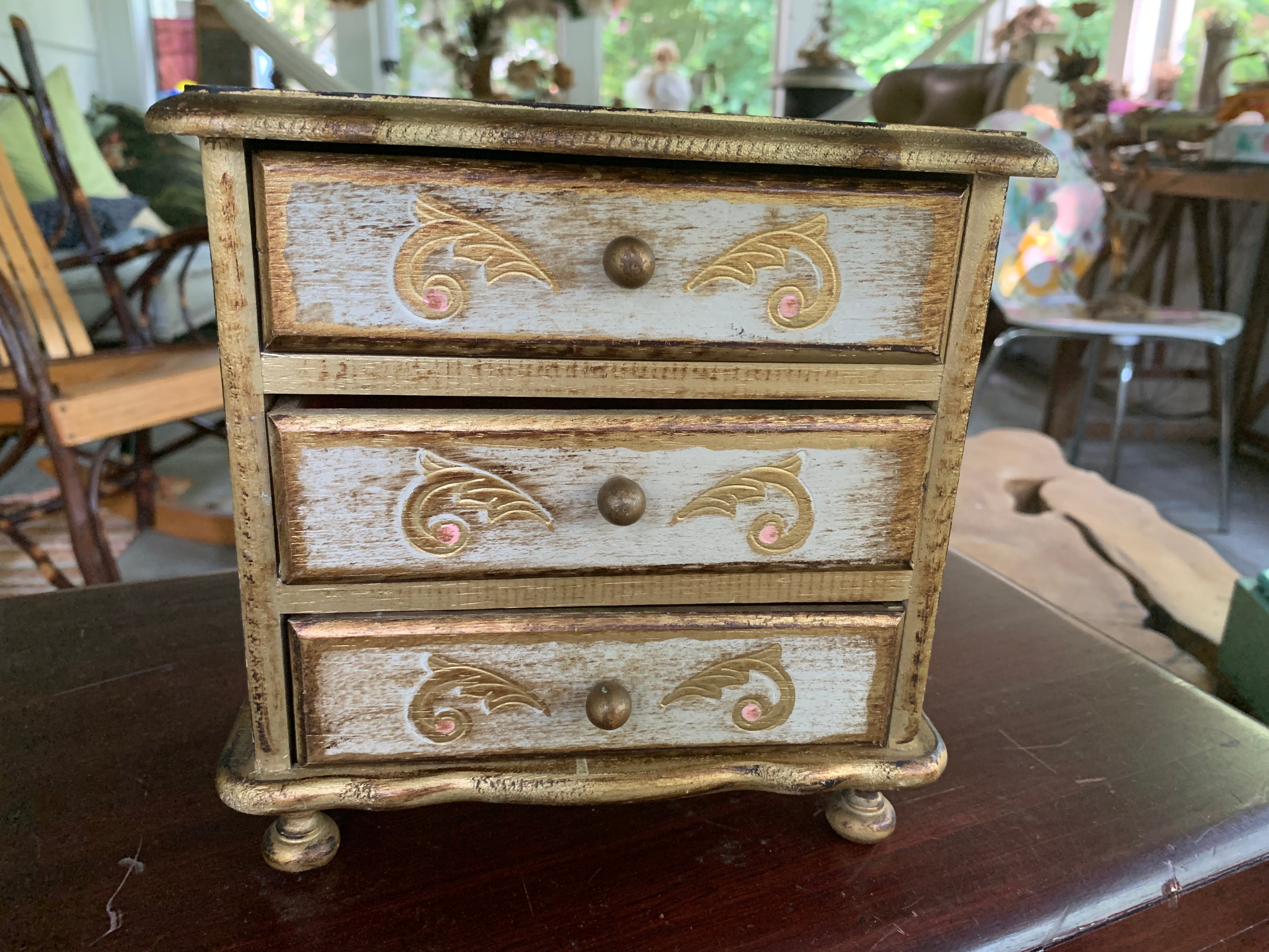 Vintage Florentine Jewelry Box, Gold and White, Wooden