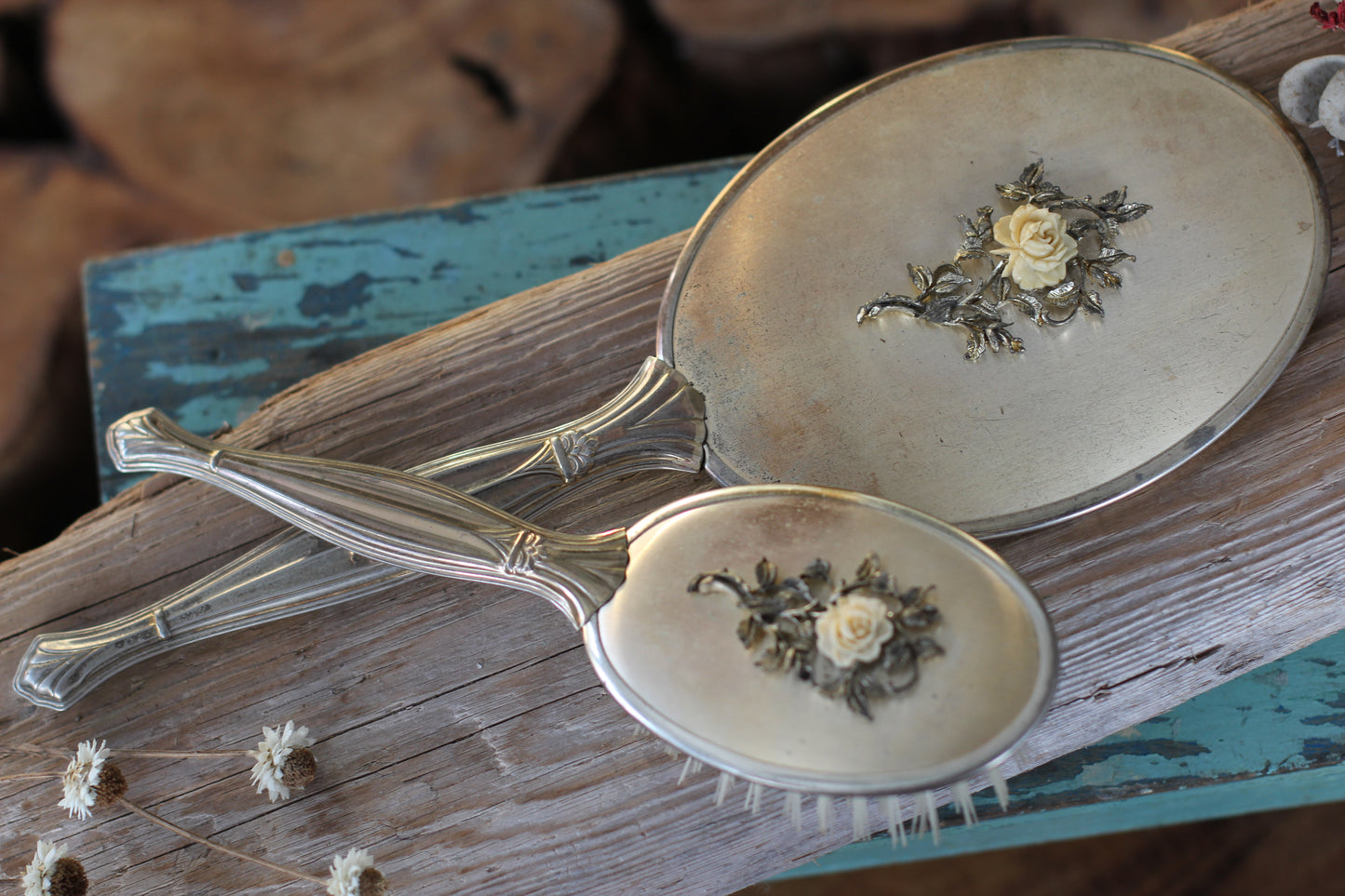 Antique Floral Gold Raised Roses Vanity Set