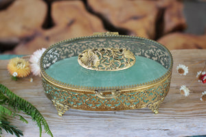 Antique Turquoise Oval Floral Dogwood Jewelry Box