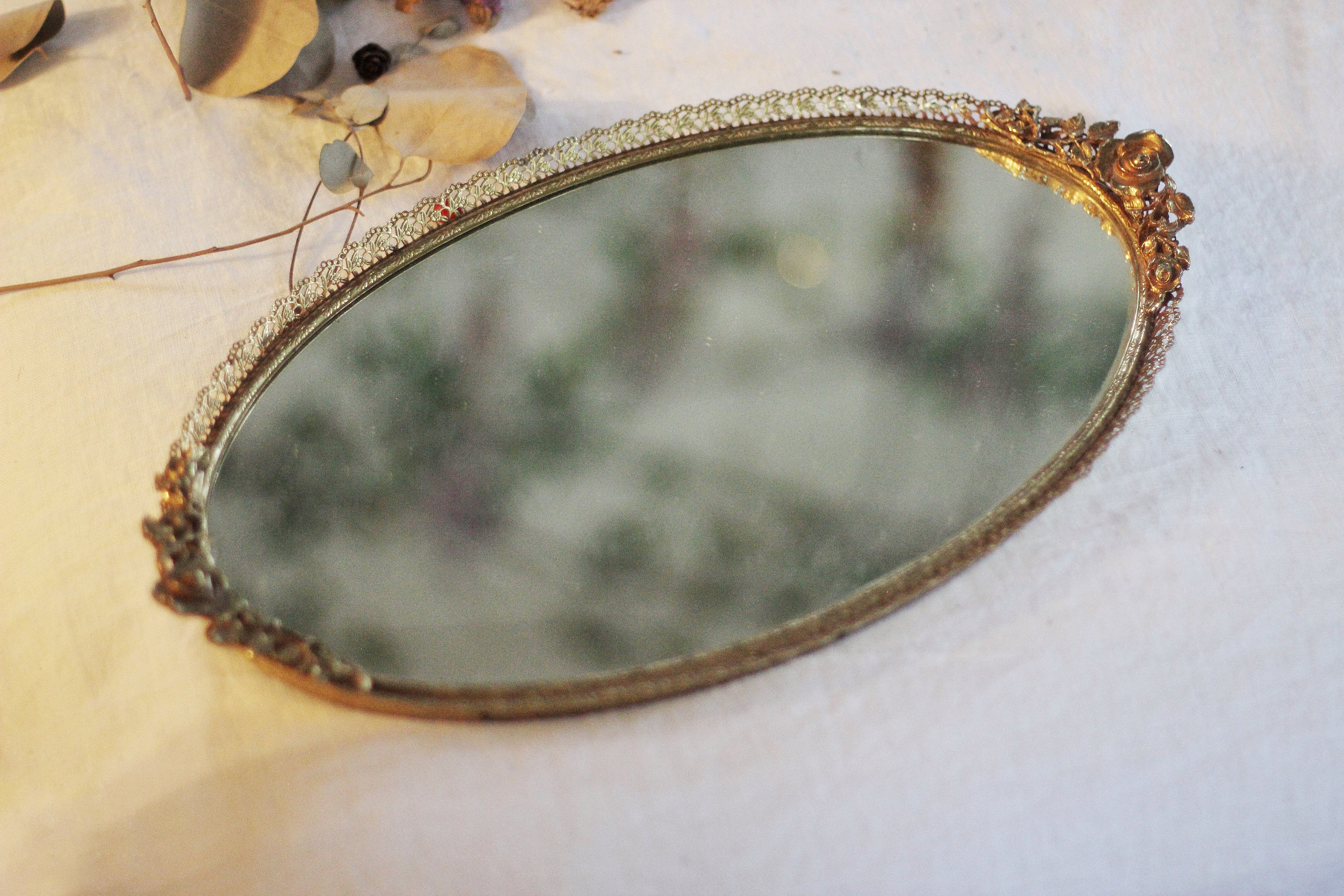 Blooming Roses Antique Mirror Tray