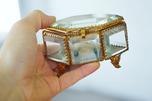 Antique French Victorian Blue Tufted Padding Jewelry Box