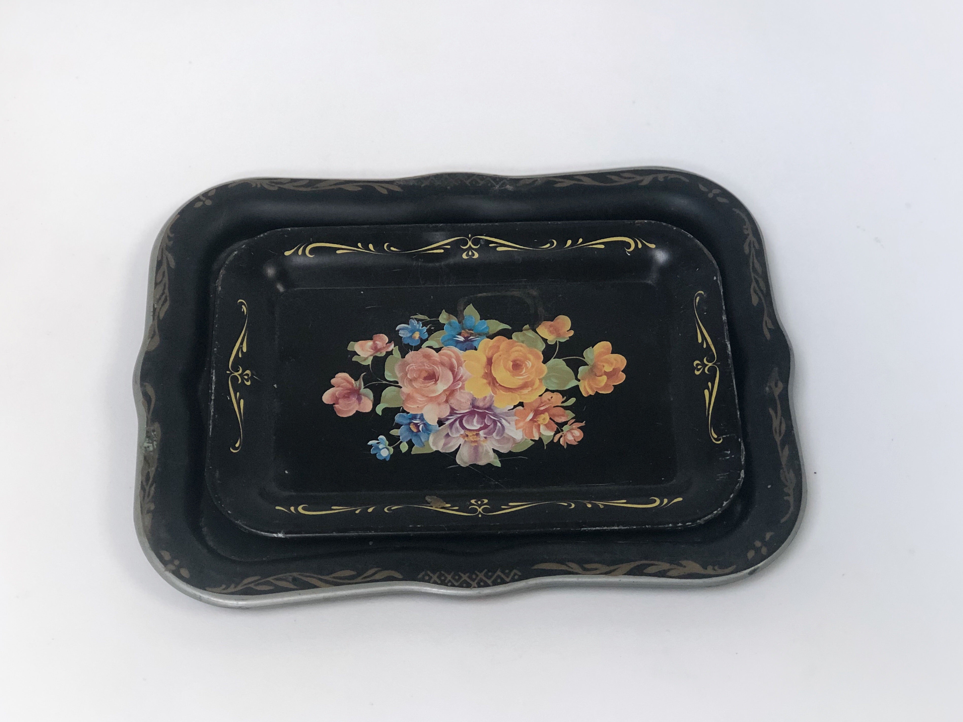Antique Black Floral Tray Set