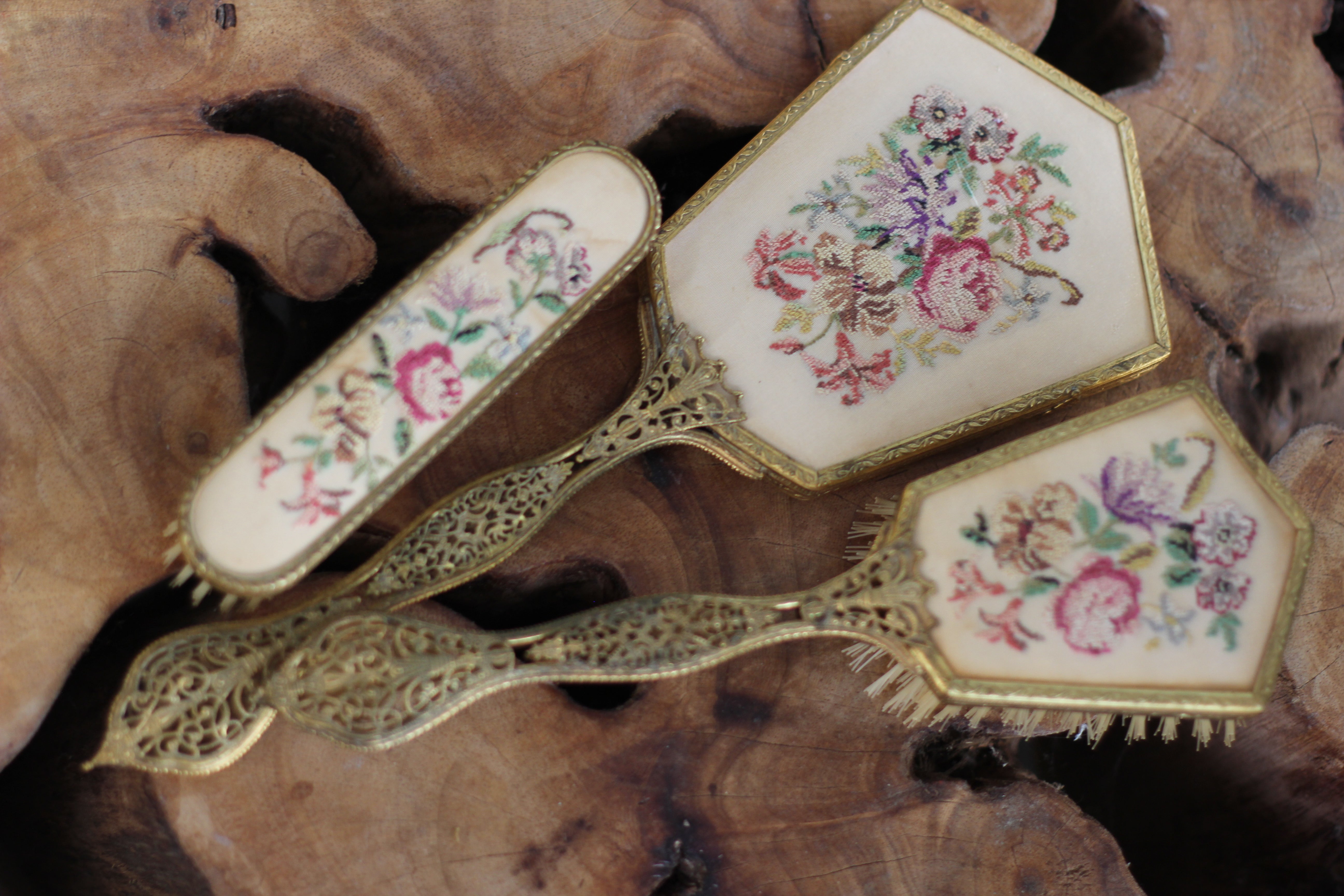 Antique Floral Needlepoint Vanity Set