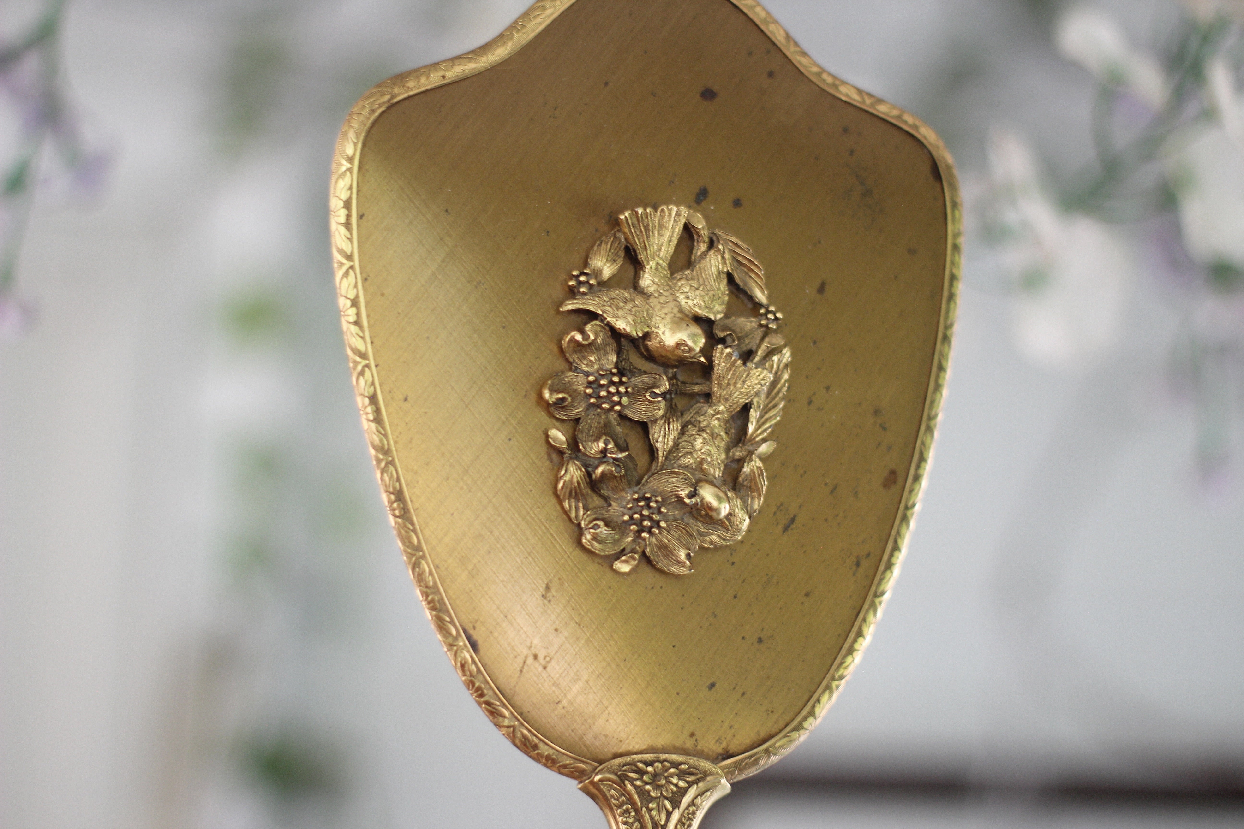 Antique Bronze Matson Birds Hand Mirror