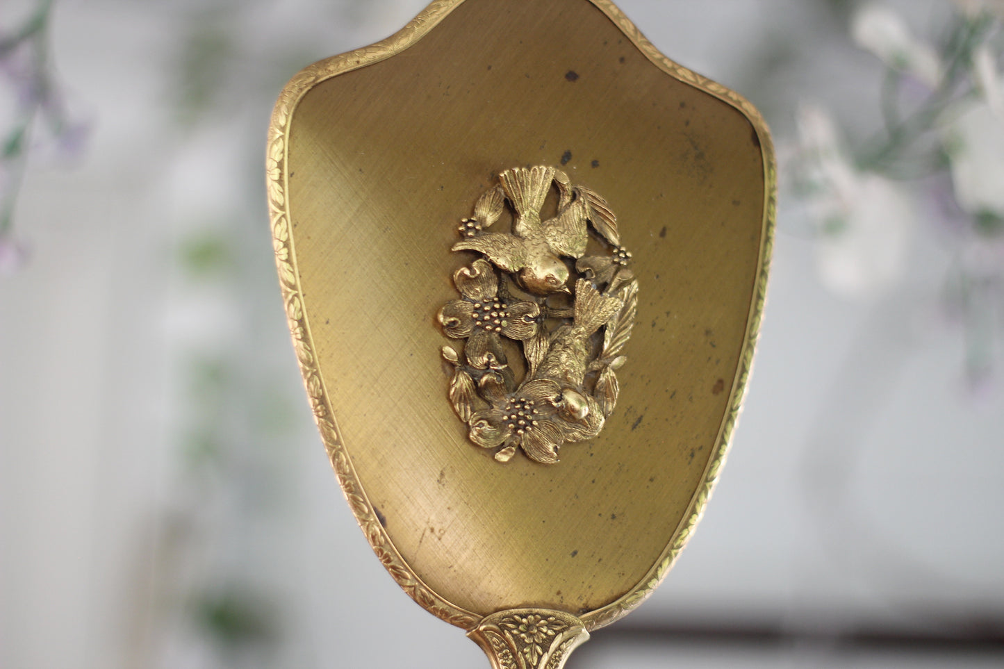 Antique Bronze Matson Birds Hand Mirror