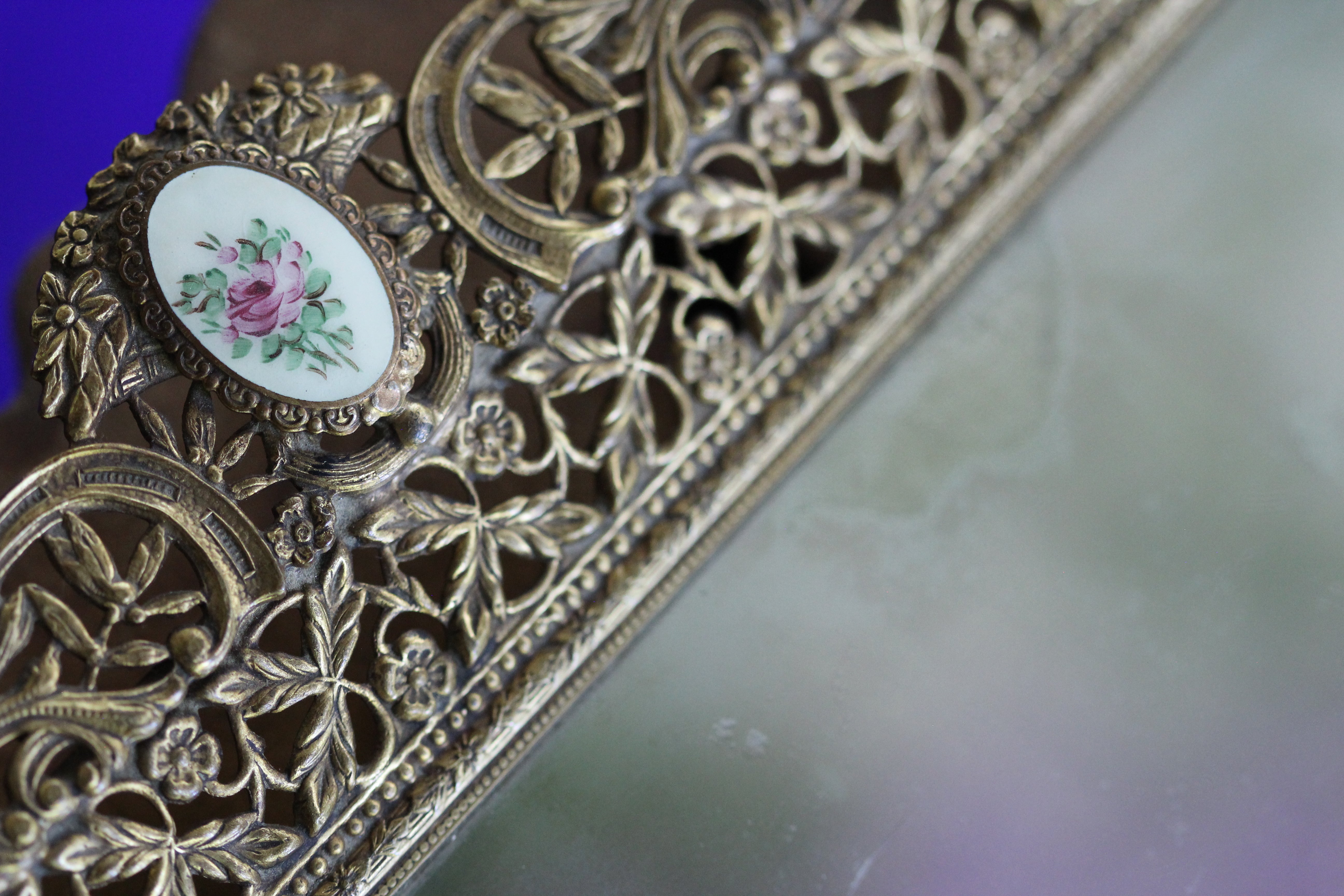 Antique Floral Roses Guiloche Mirror Tray
