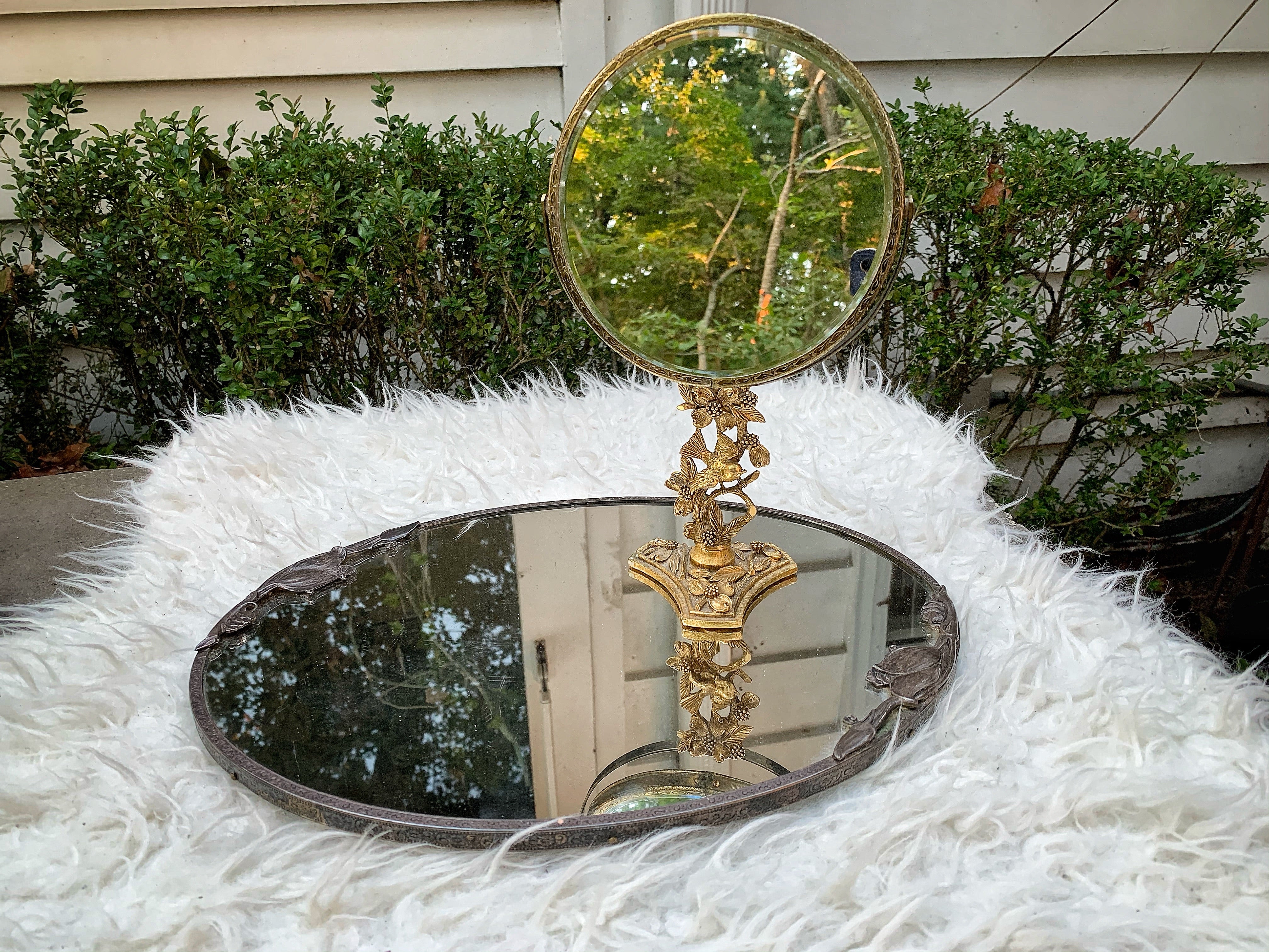 Vintage Birds Matson Standing Vanity Mirror 2 Sided Magnifier