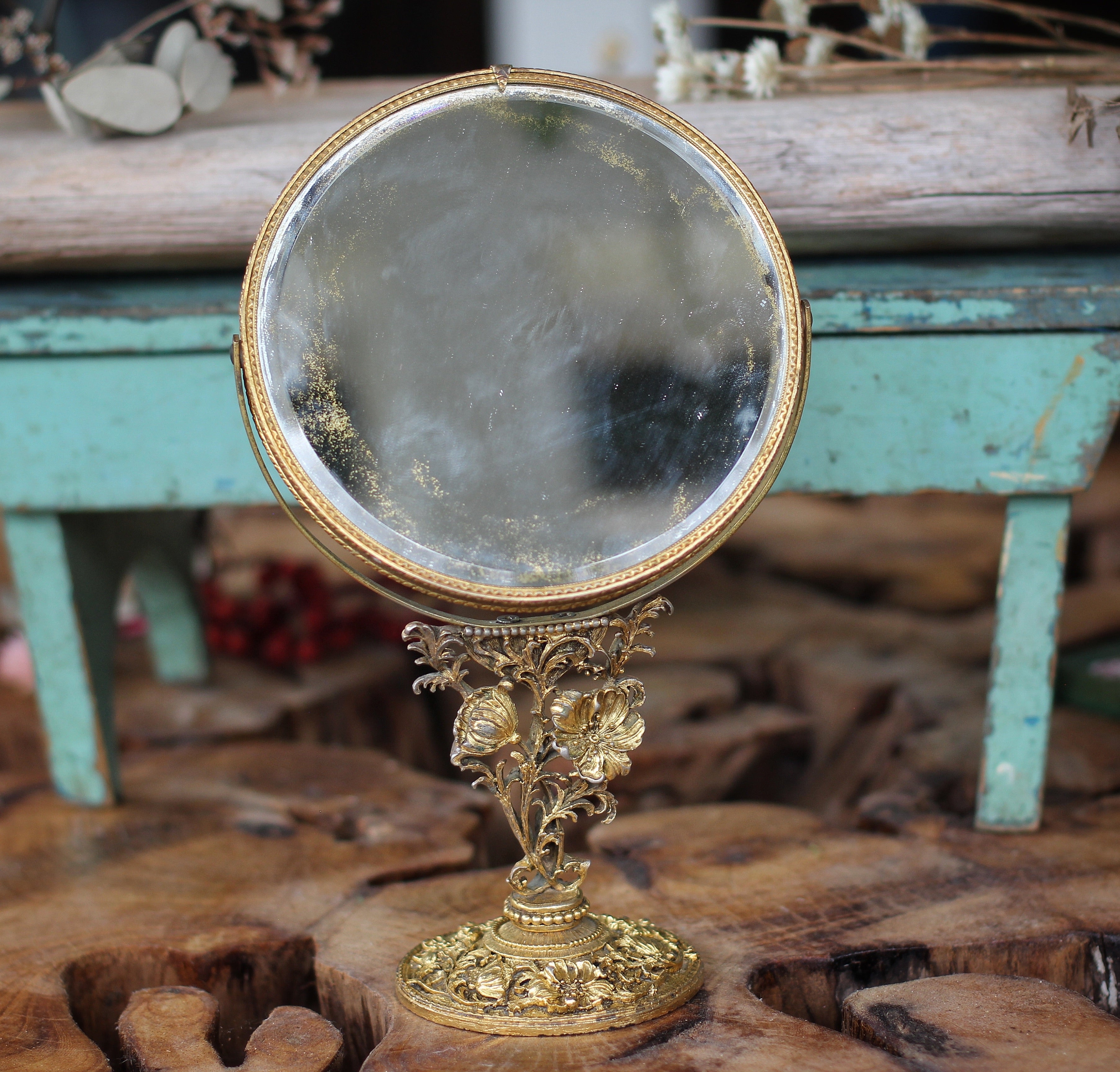 Vintage Matson Floral Vanity Pedestal Mirror Double Sided Magnifier