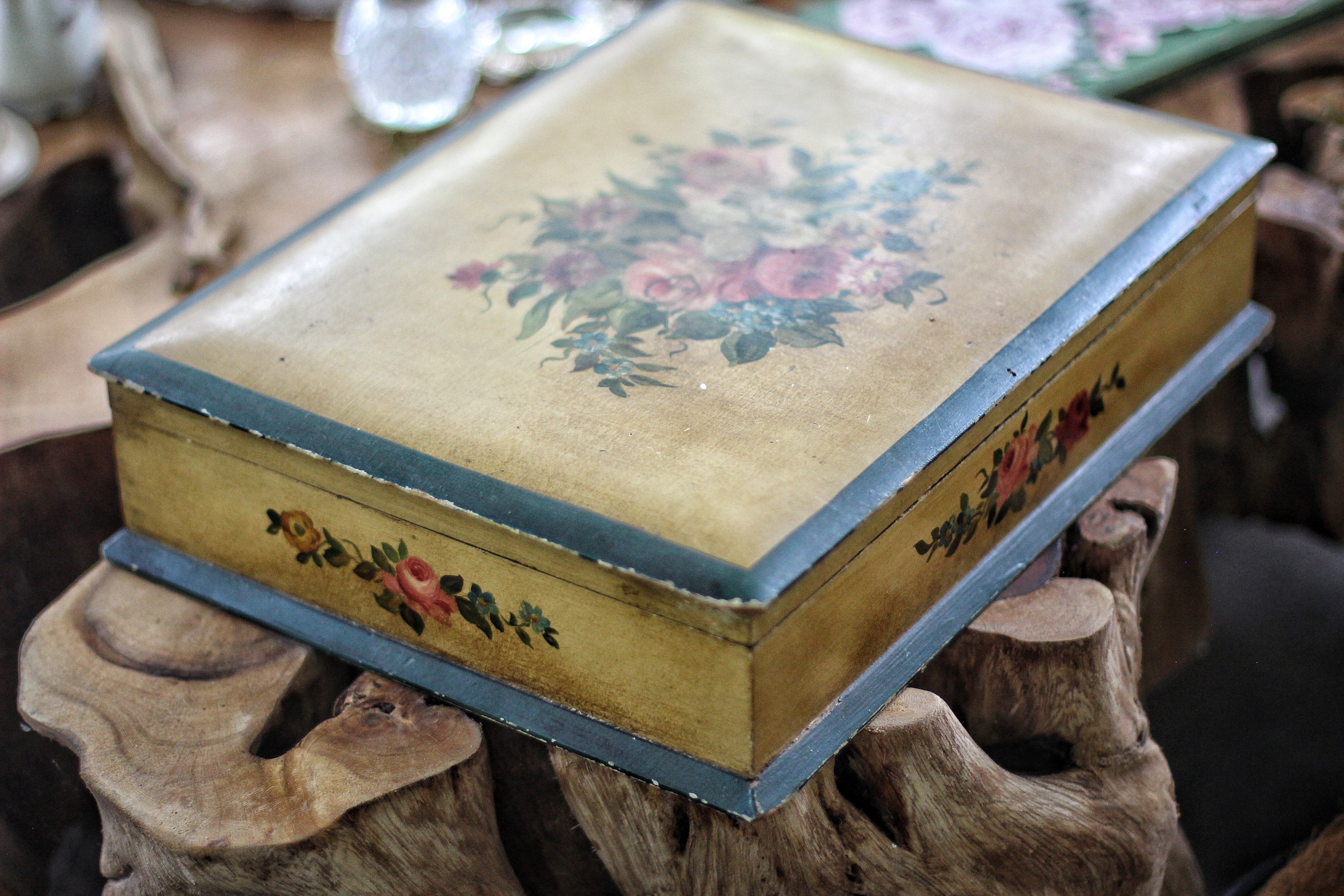 Antique Floral Wood Jewelry Box