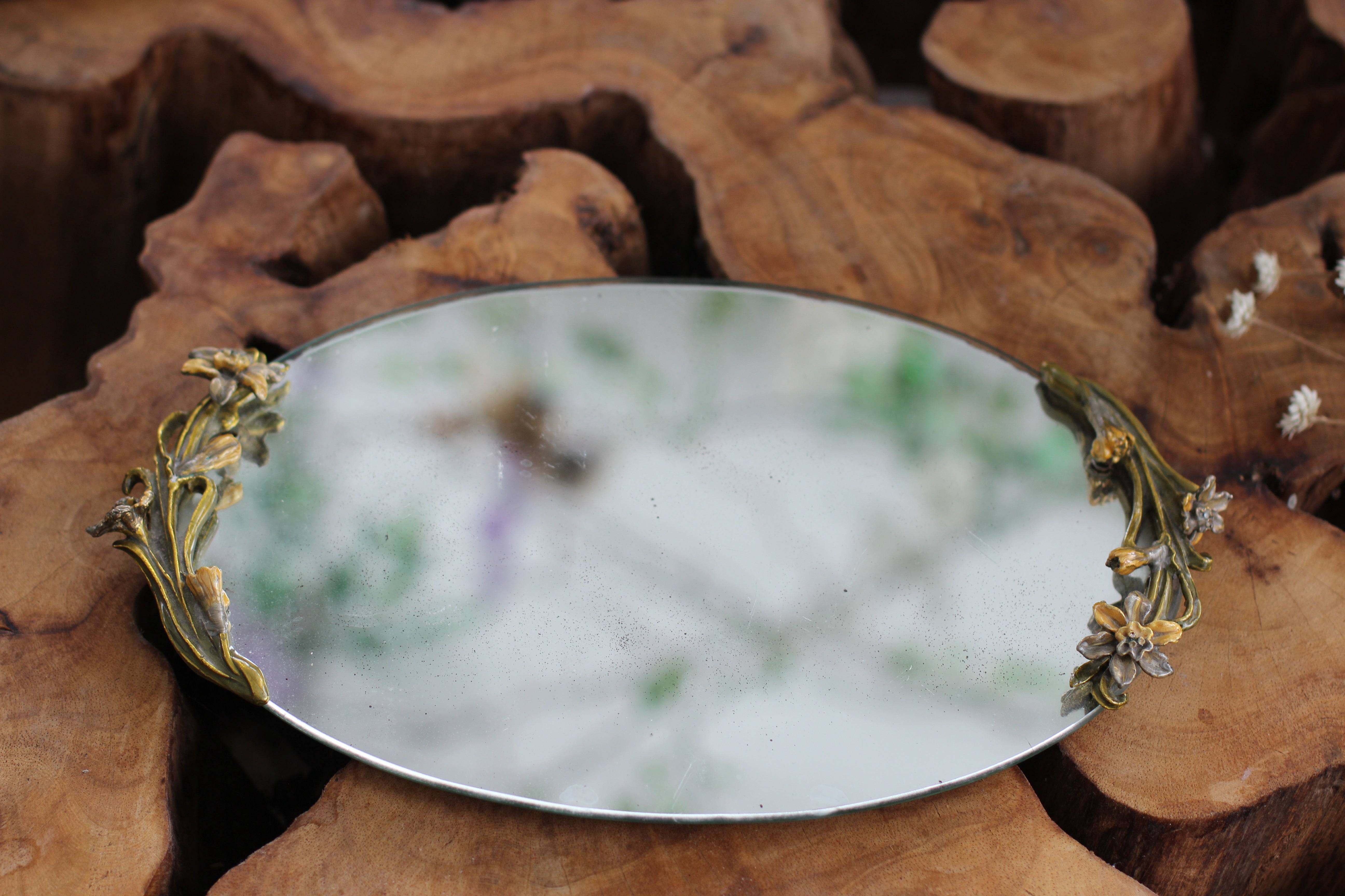 Antique Floral Enamel Mirror Tray