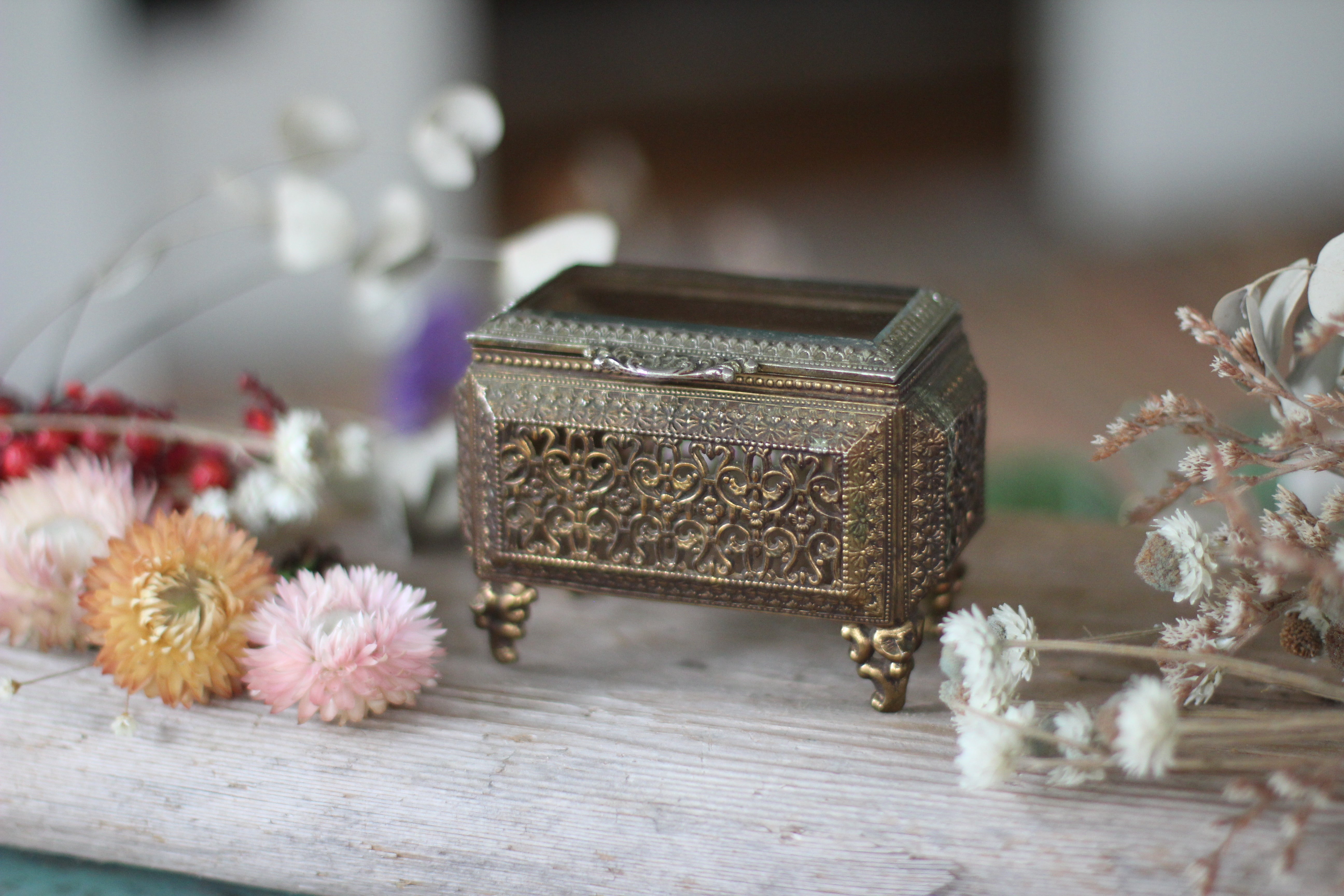 Antique Filigree Glass Victorian Jewelry Box