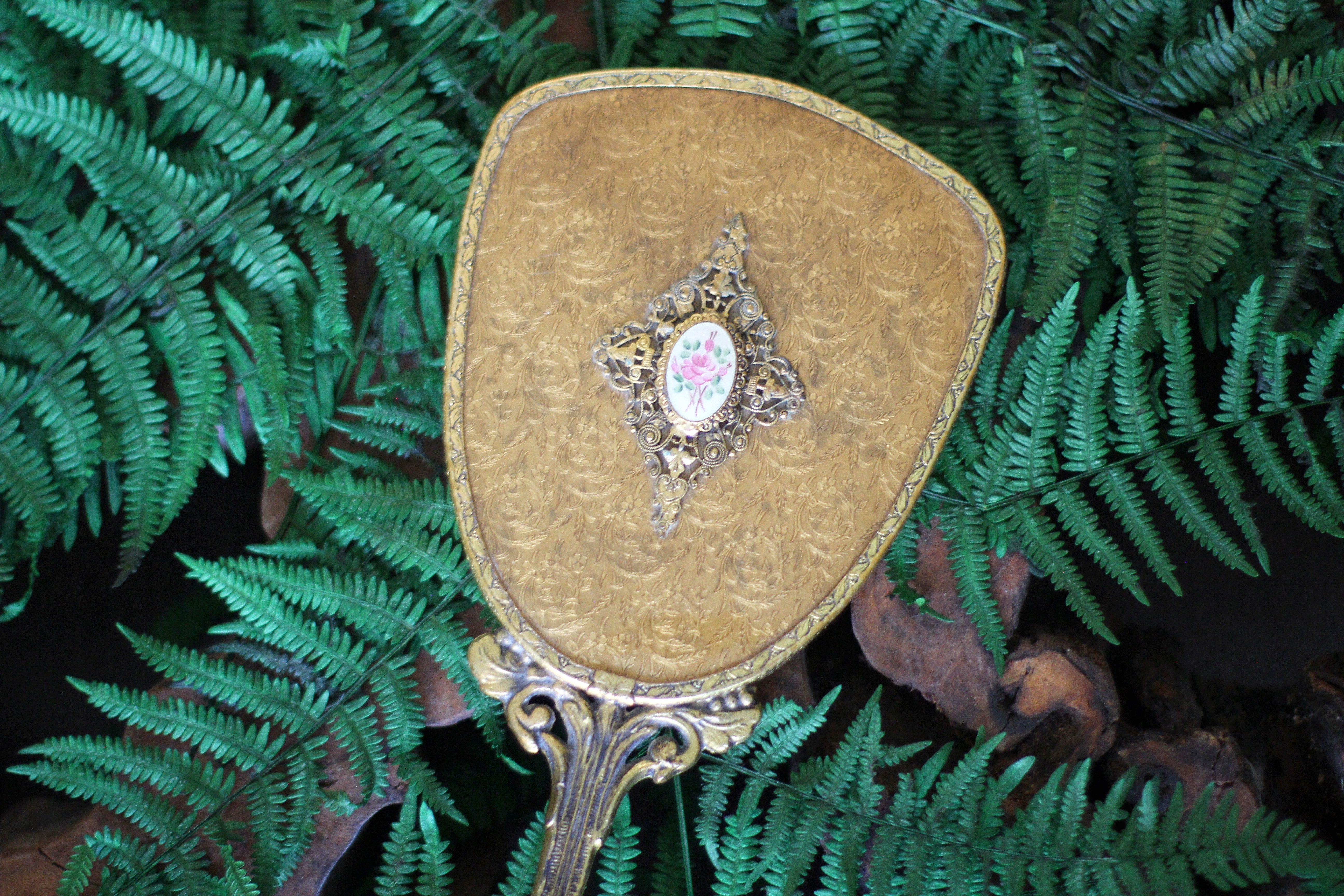 Antique Floral Gold Hand Mirror