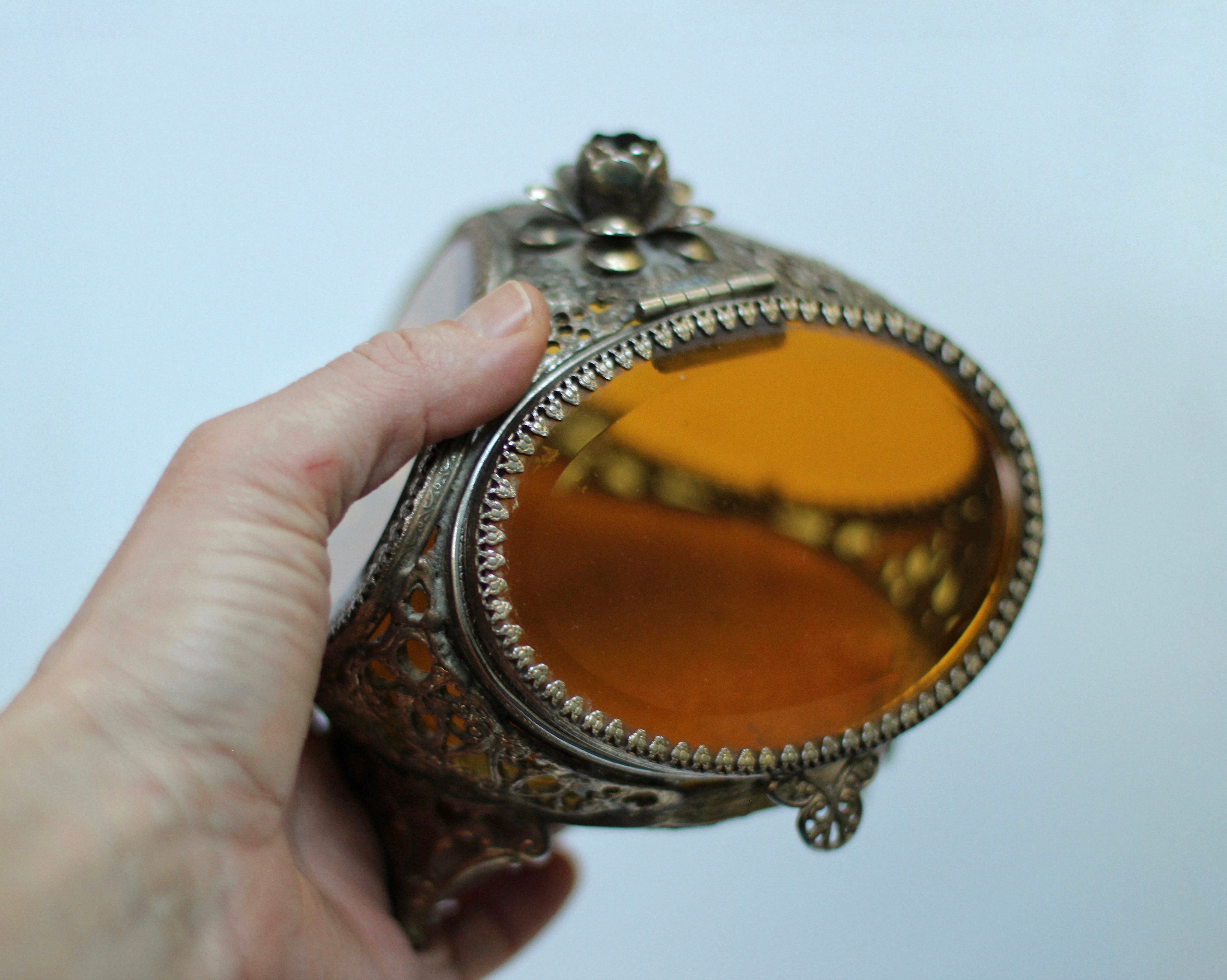 Antique Rare Floral French Victorian Amber Glass Jewelry Box