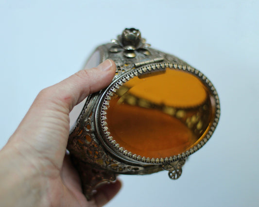 Antique Rare Floral French Victorian Amber Glass Jewelry Box