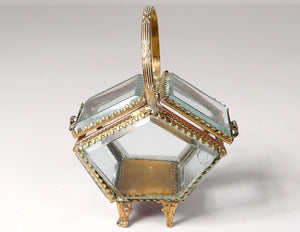 Antique Basket Beveled Glass Rare Jewelry Box