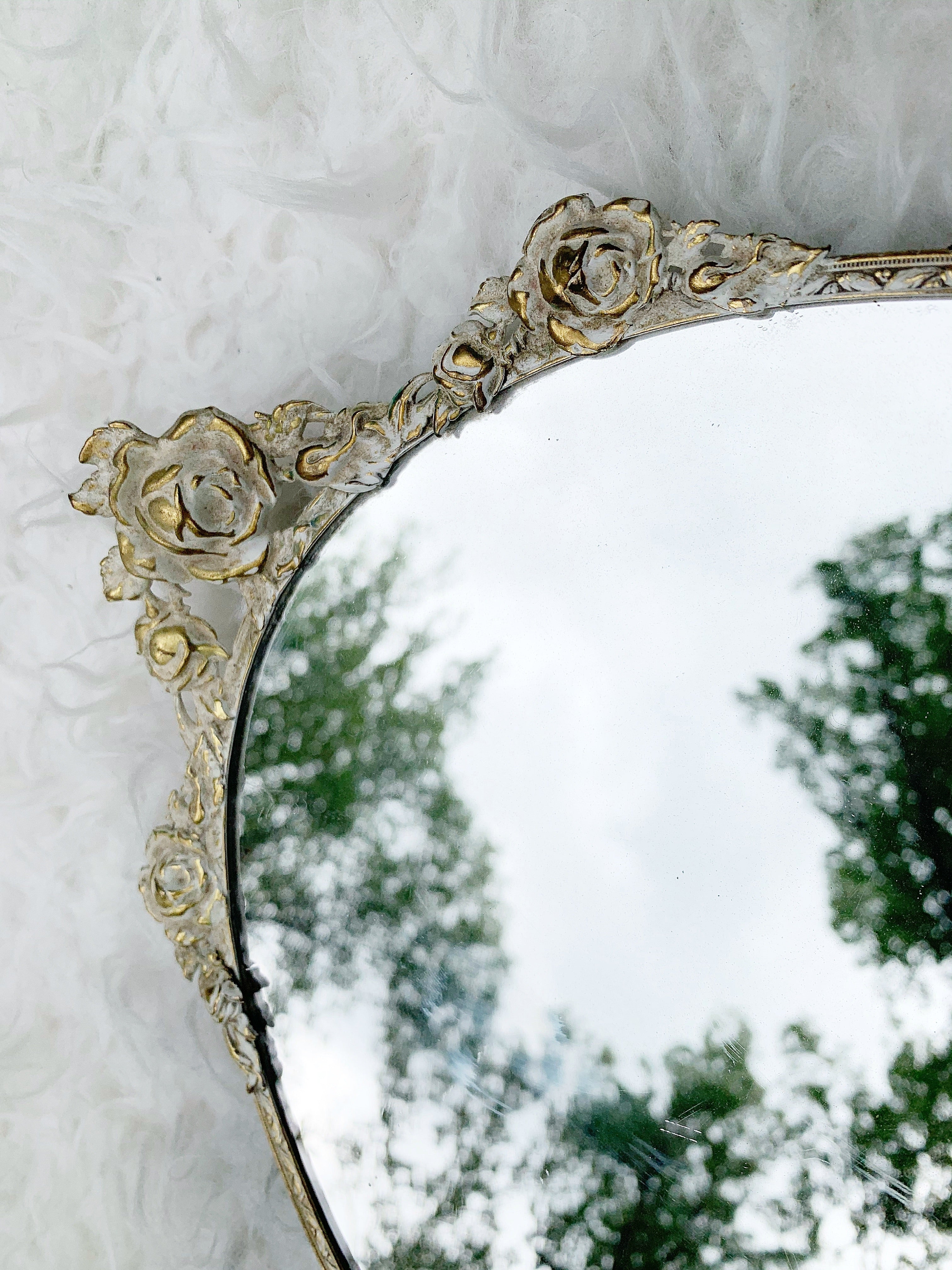 Antique White Gold Floral Rose Vanity Mirror