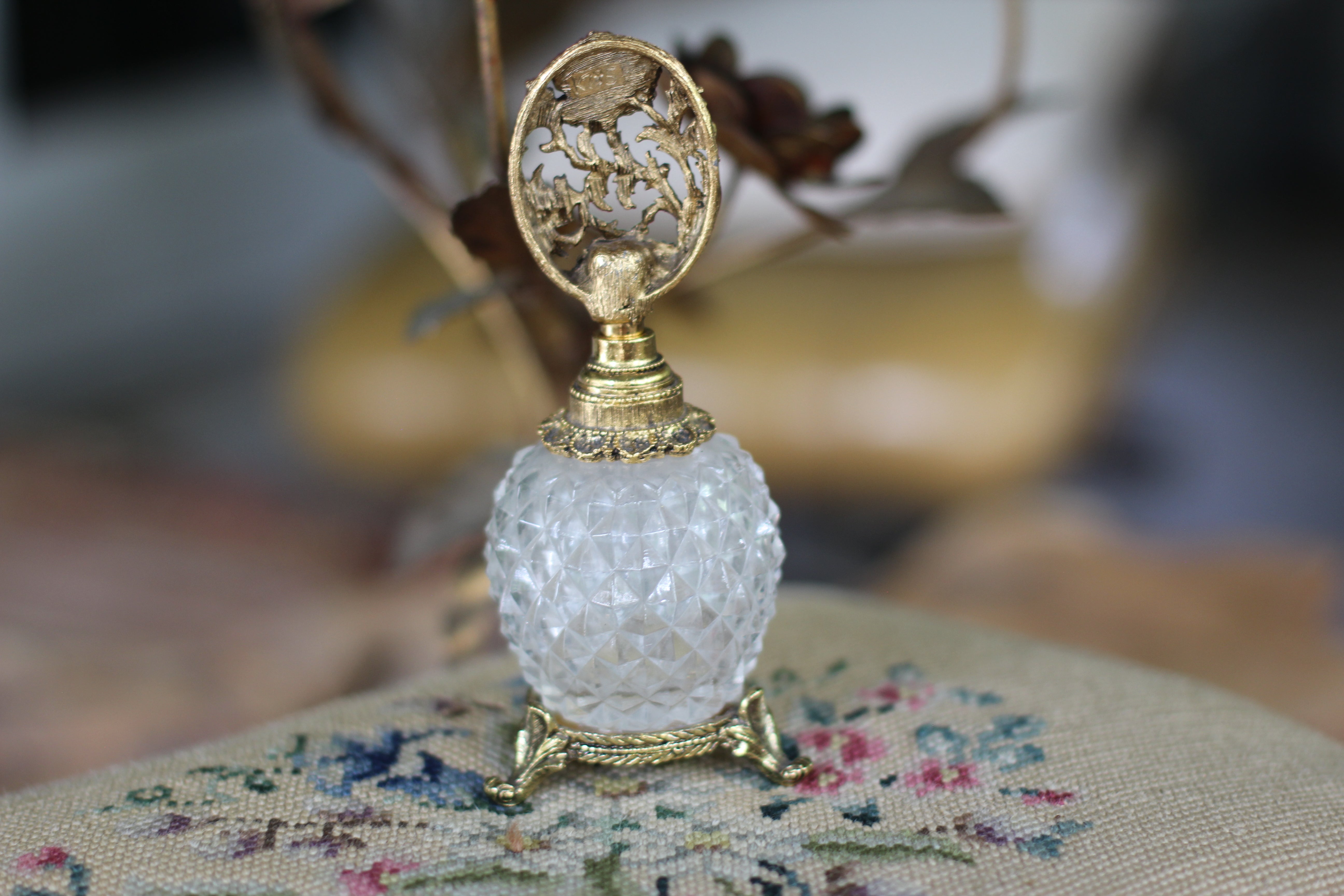 Antique Floral Dogwood Pedestal Crystal Perfume Bottle