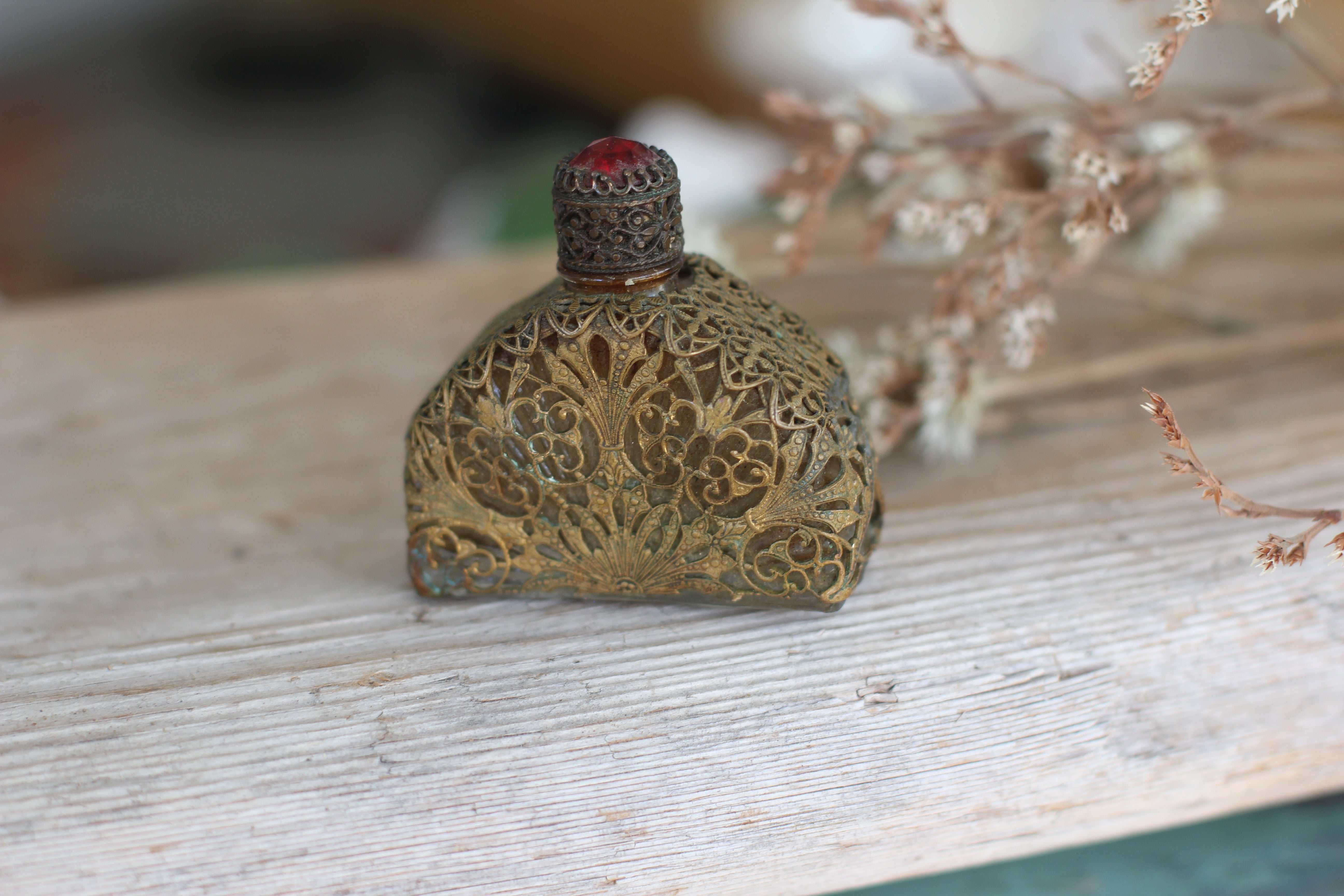 Antique Bronze Filigree Crystals Miniature Perfume Bottle